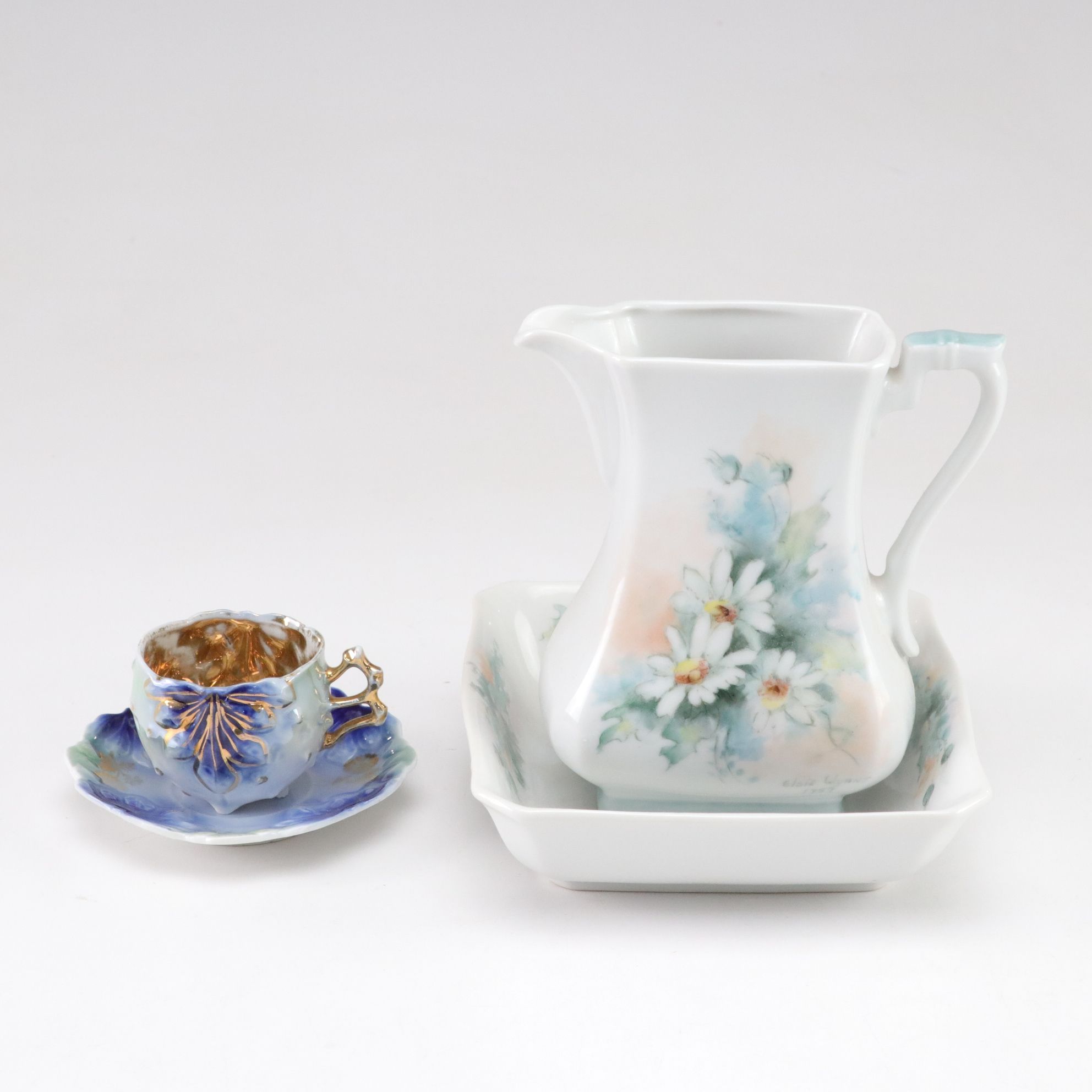 Hand-Painted Floral Porcelain Tray, Creamer, Olive Dish with Scoop, and More