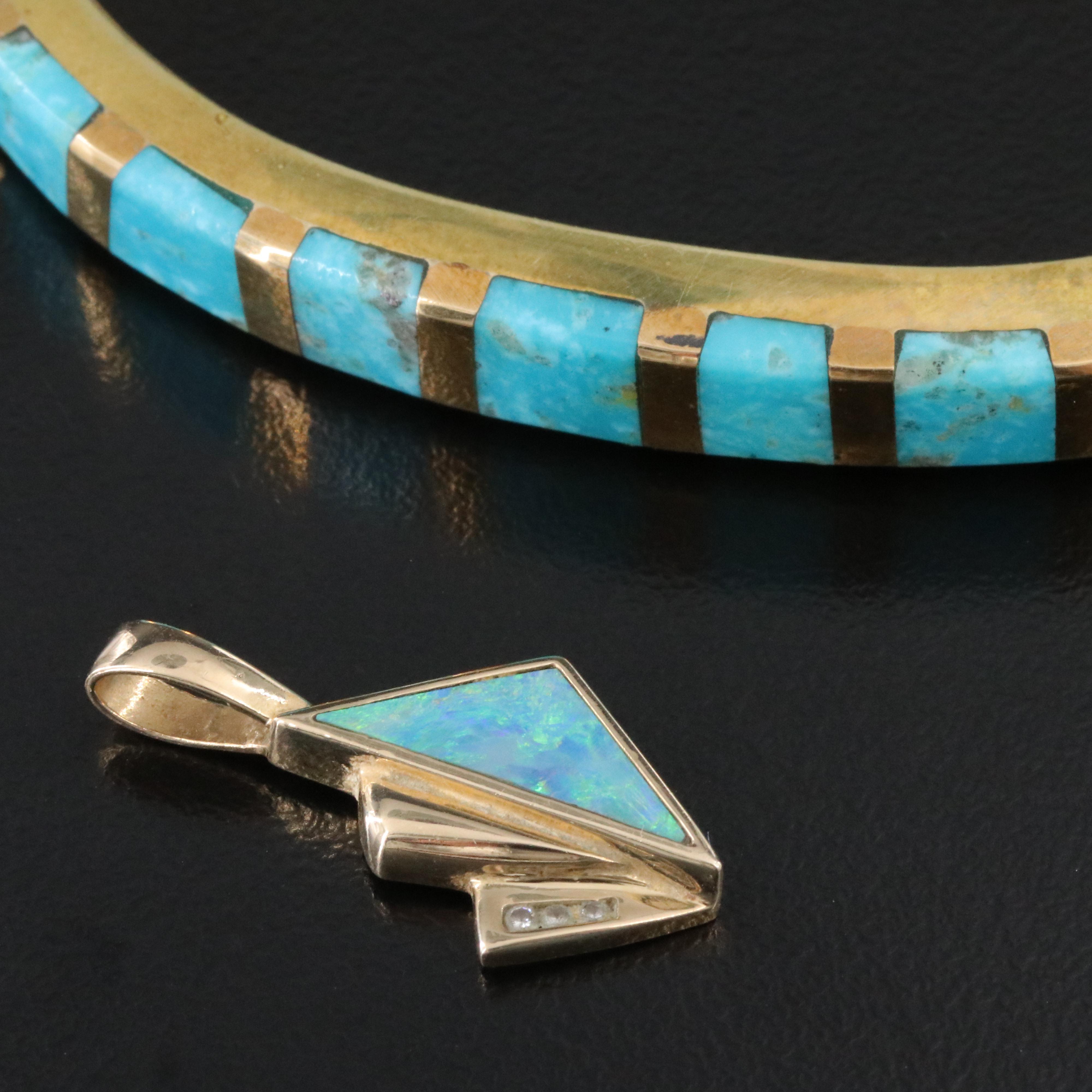 14K Opal Inlay and Diamond Pendant and Brass Turquoise Cuff Bracelet
