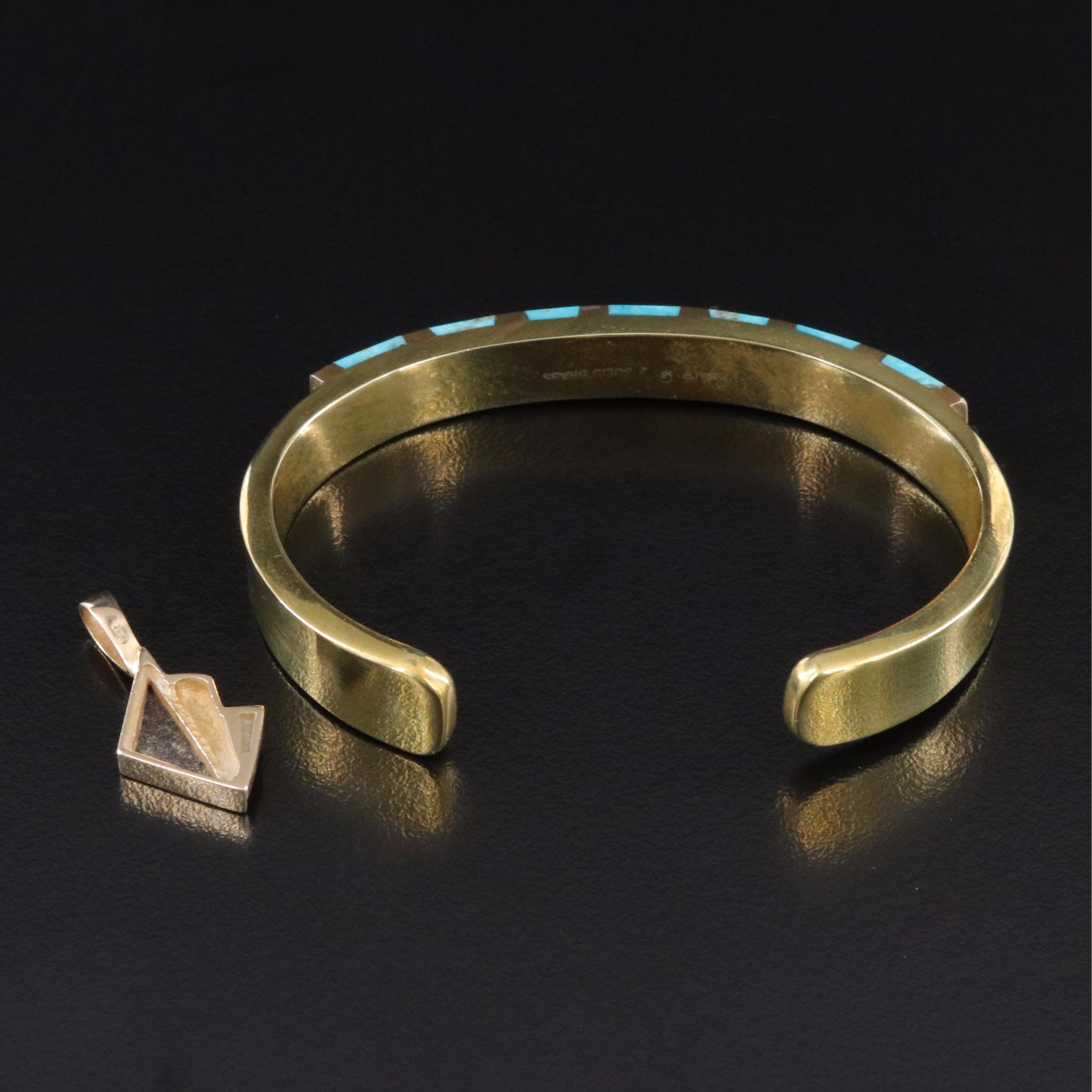 14K Opal Inlay and Diamond Pendant and Brass Turquoise Cuff Bracelet