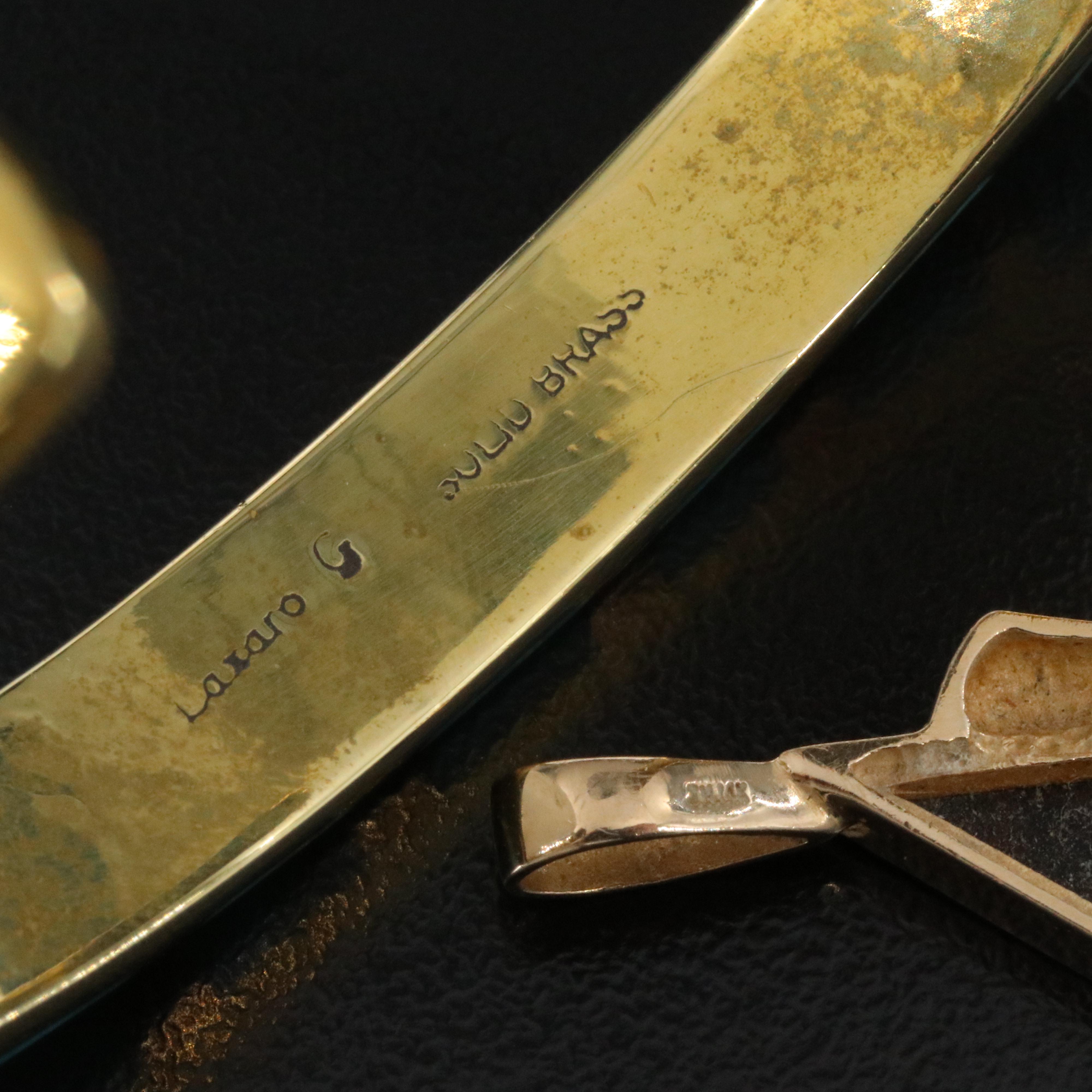 14K Opal Inlay and Diamond Pendant and Brass Turquoise Cuff Bracelet