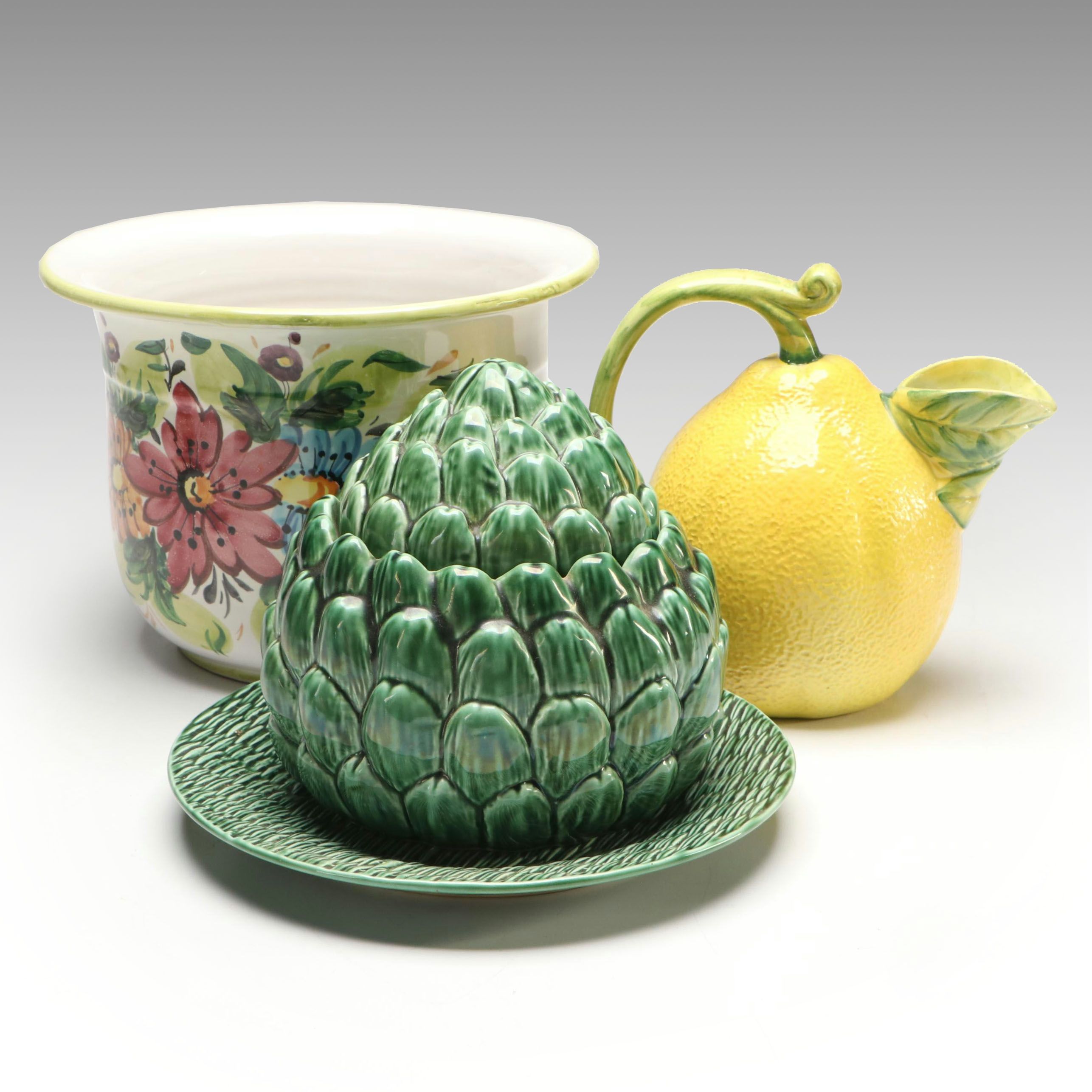 Mottahedeh Artichoke Jar and Plate with Lemon Pitcher and Other Art Pottery