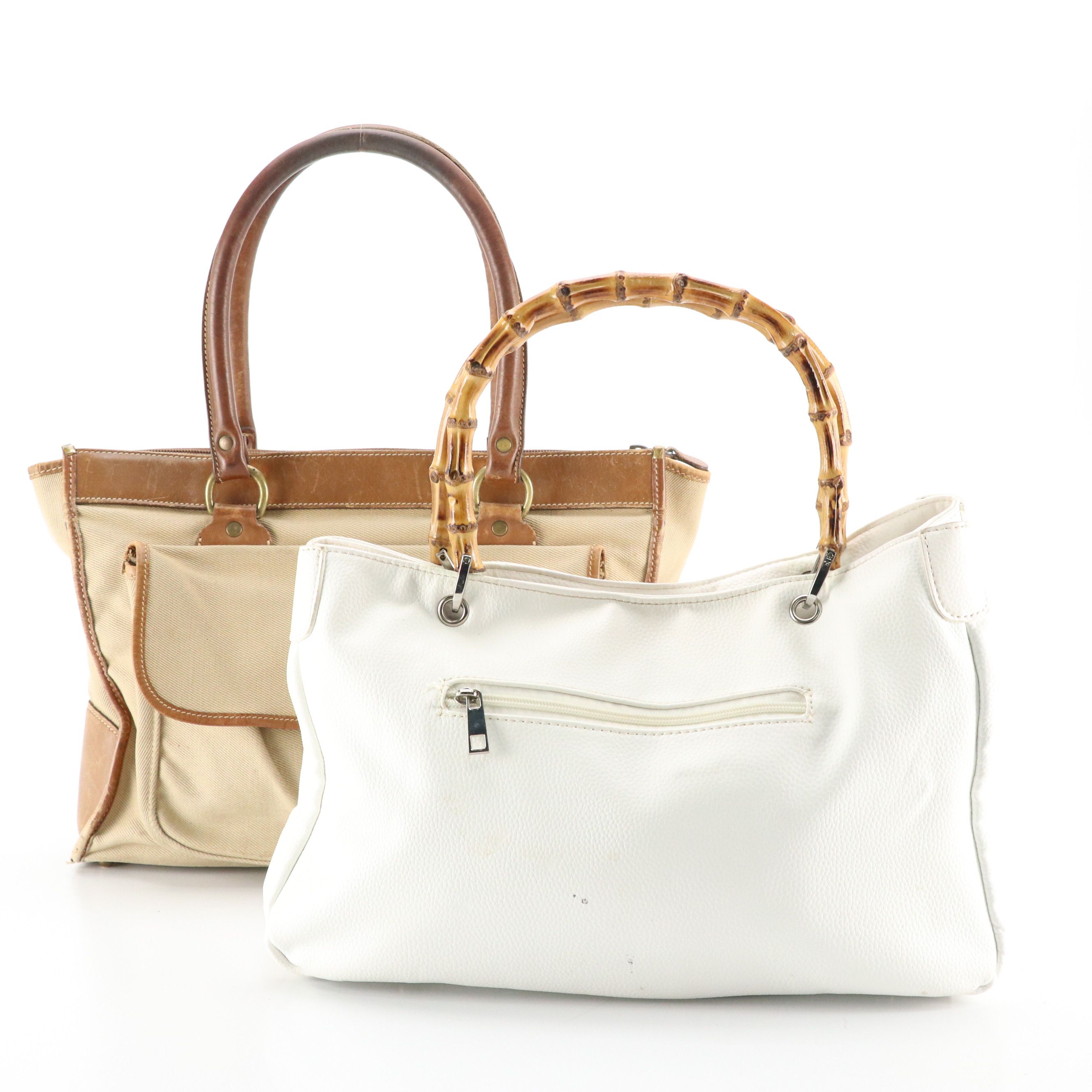 Marley Hogdson Beige Canvas Work Tote, Other White Leather Bamboo Handle Bag