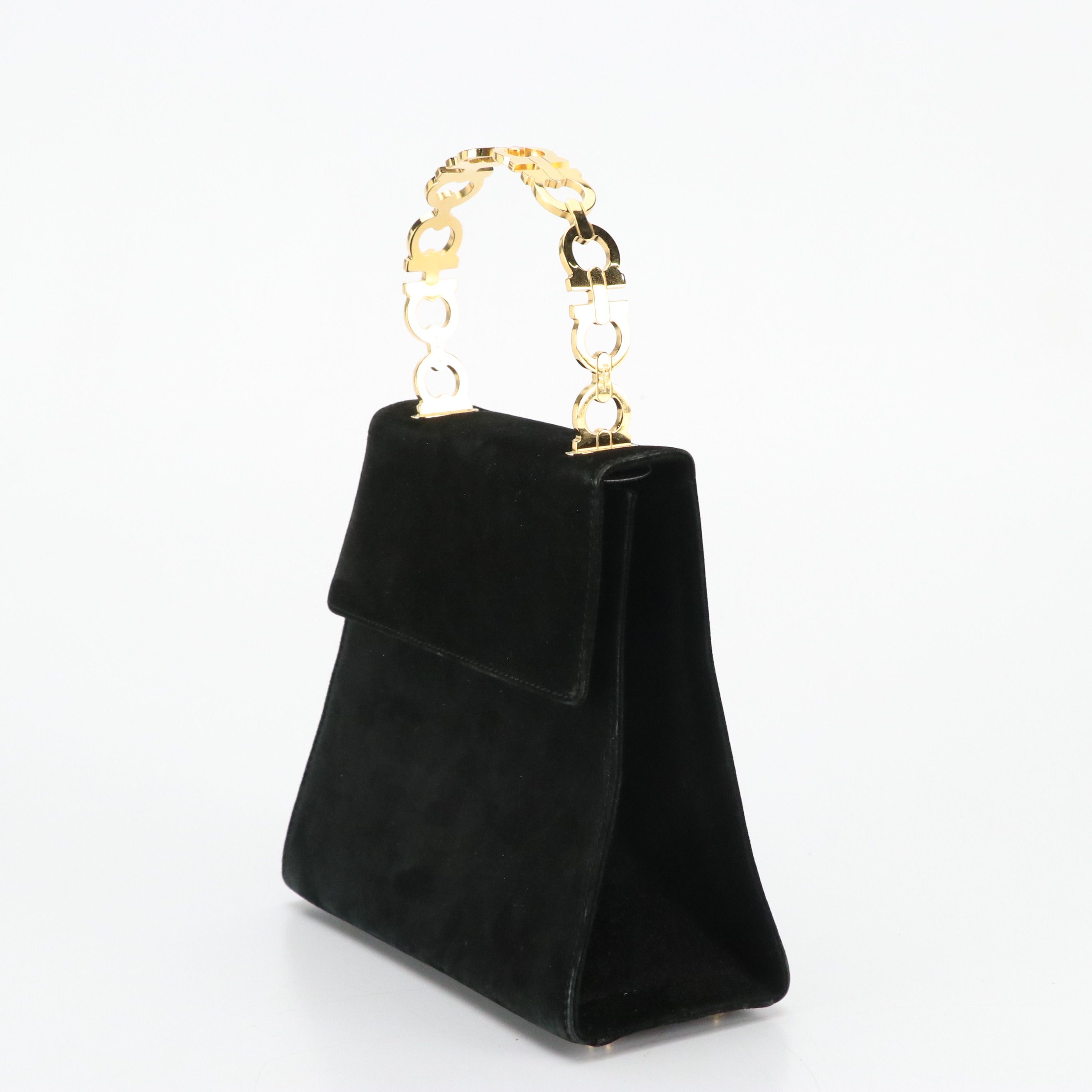 Salvatore Ferragamo Metal Gancini Handle Evening Bag in Black Suede