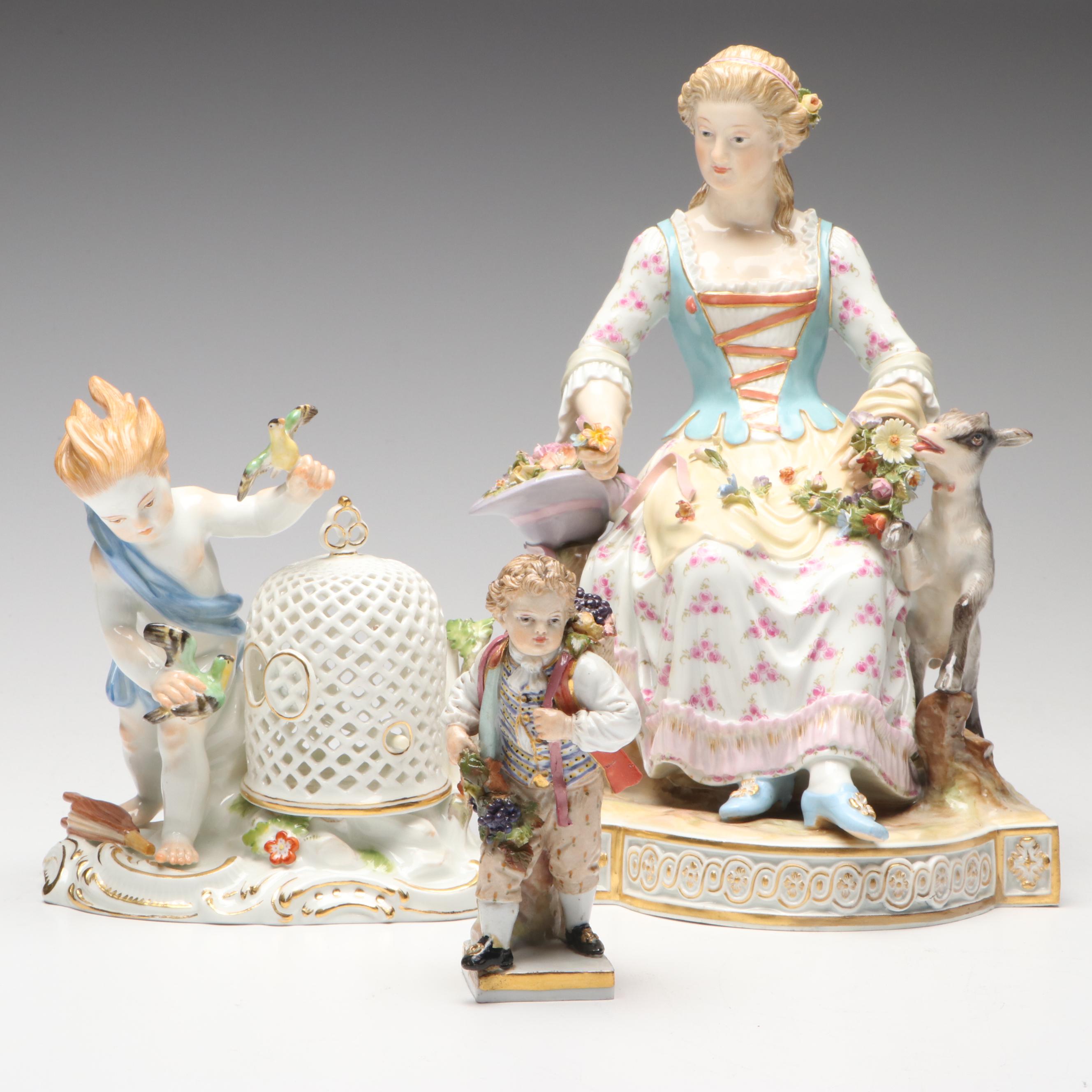 Meissen Allegory of Elements Air Putto with Other Porcelain Figurines