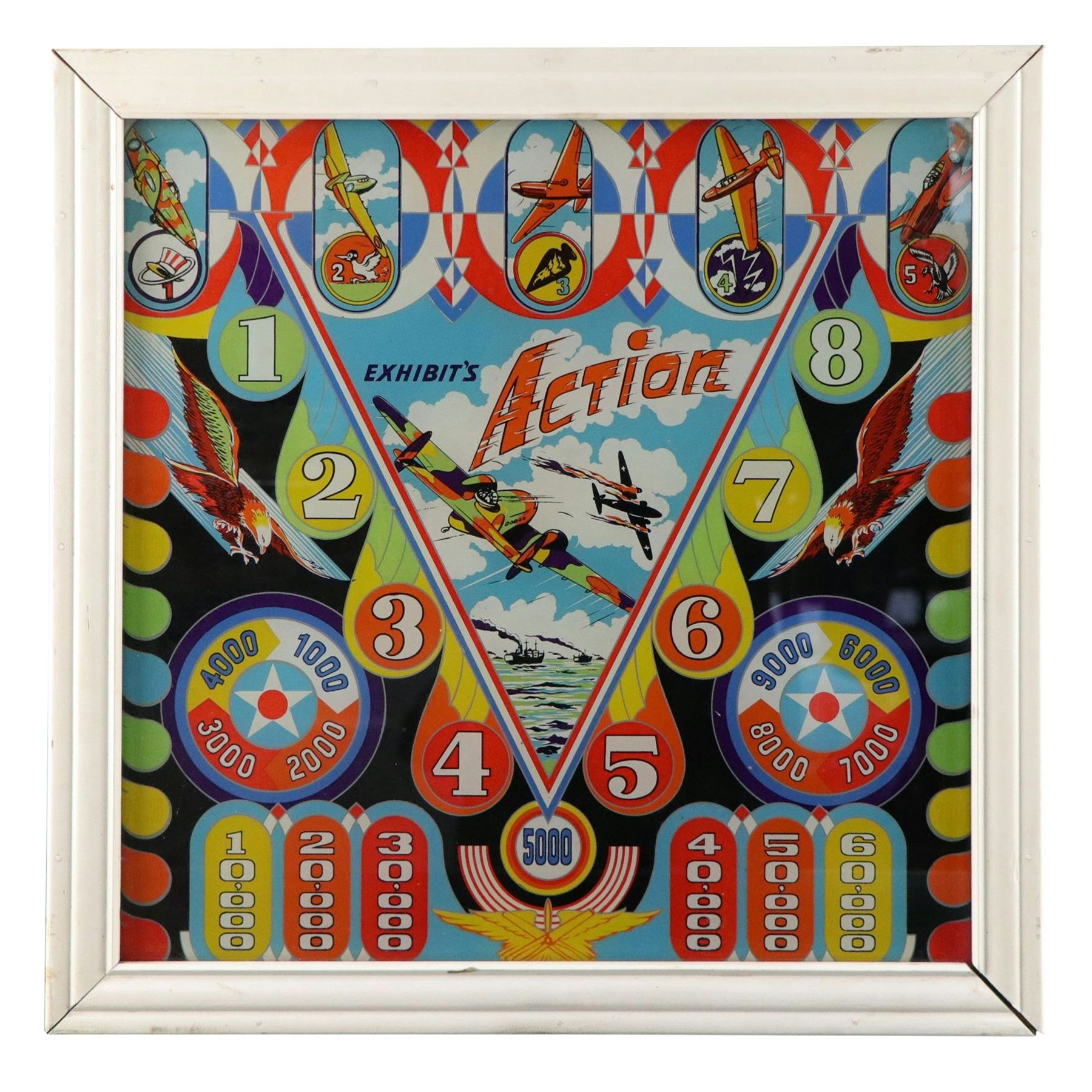Reverse Painted Glass Panel From Exhibit's "Action" Pinball Machine, 1943