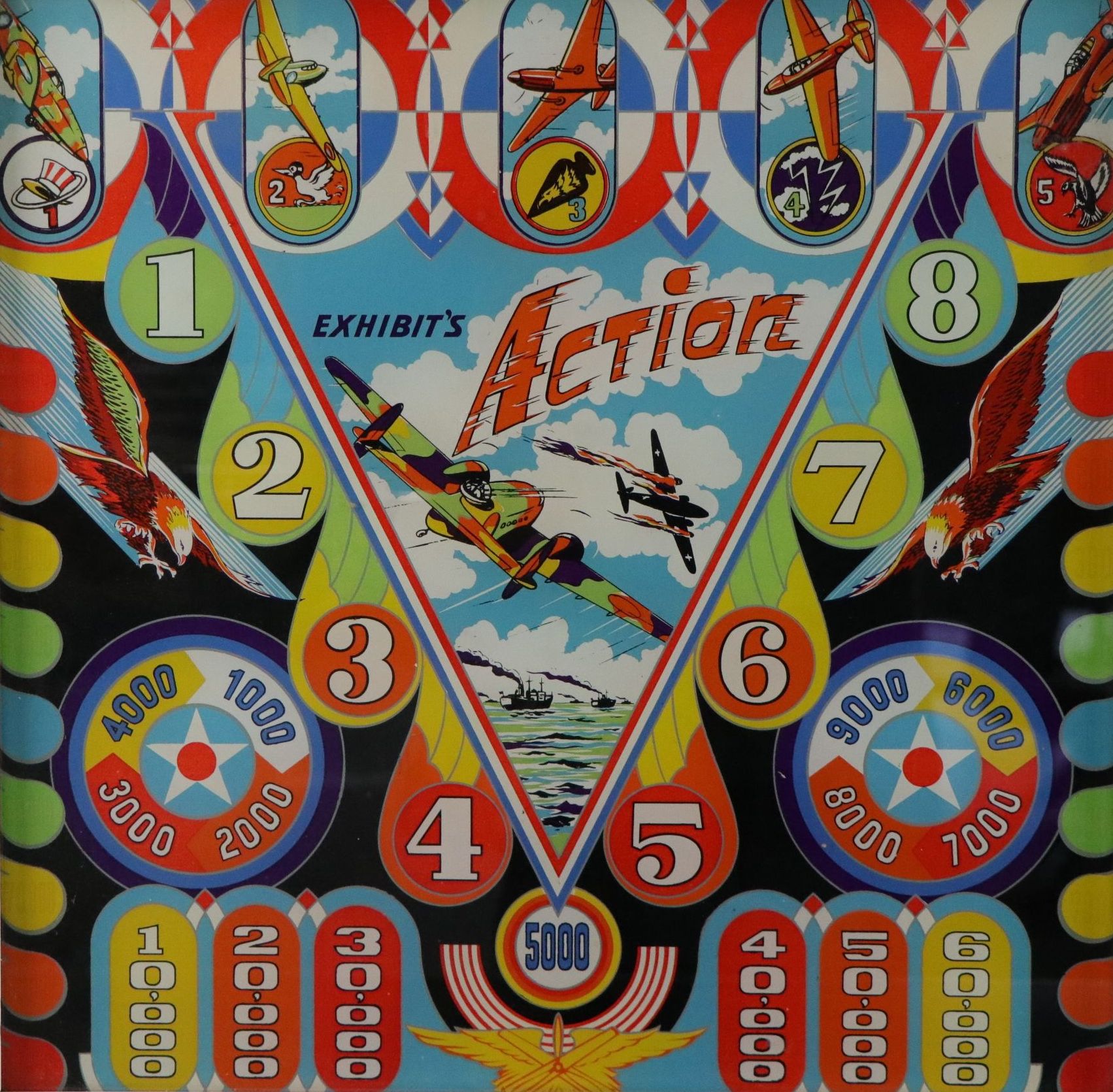 Reverse Painted Glass Panel From Exhibit's "Action" Pinball Machine, 1943