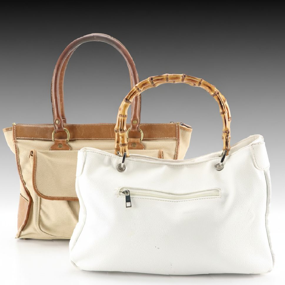 Marley Hogdson Beige Canvas Work Tote, Other White Leather Bamboo Handle Bag