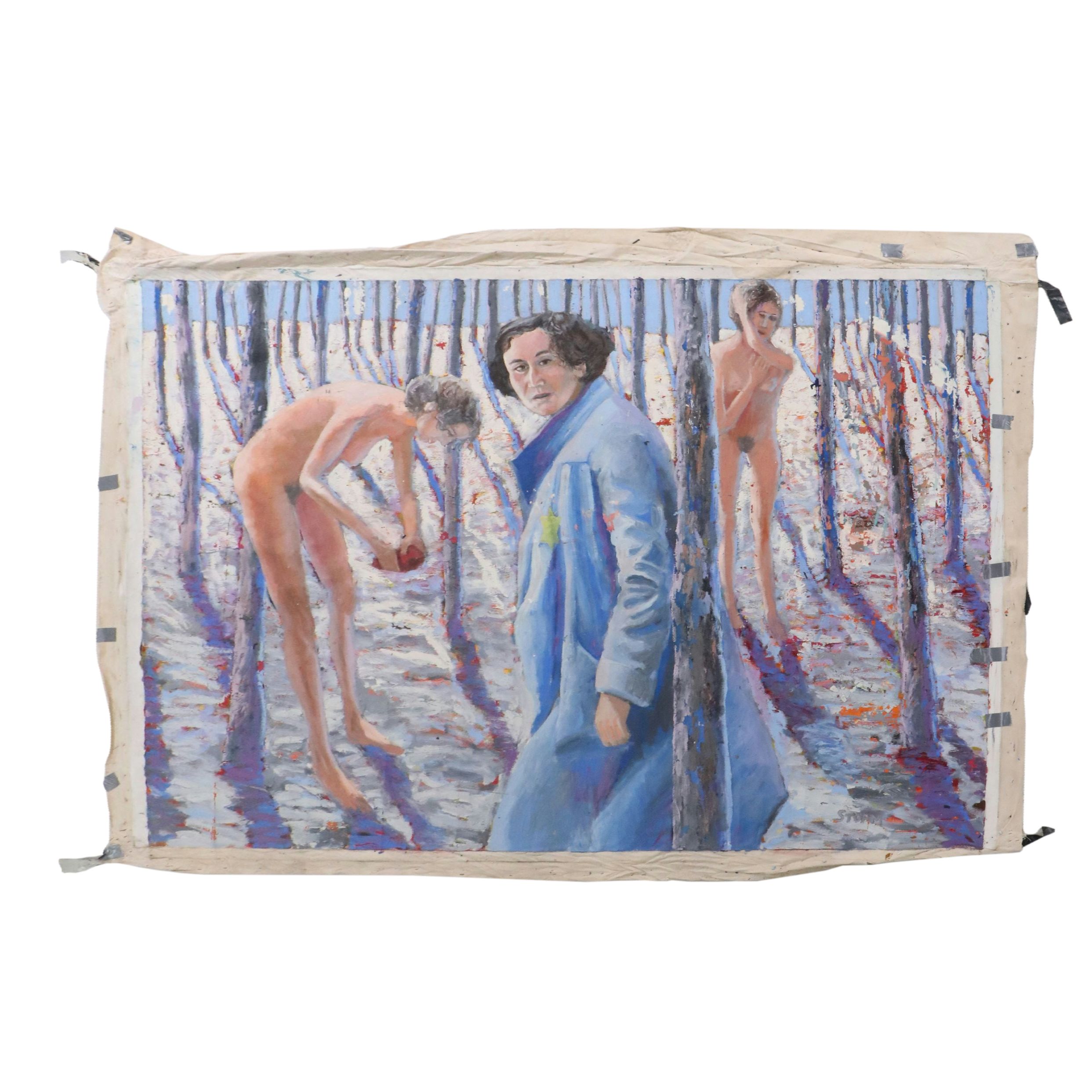 Howard Storm Monumental Acrylic Painting of Figures in Woods, Late 20th Century