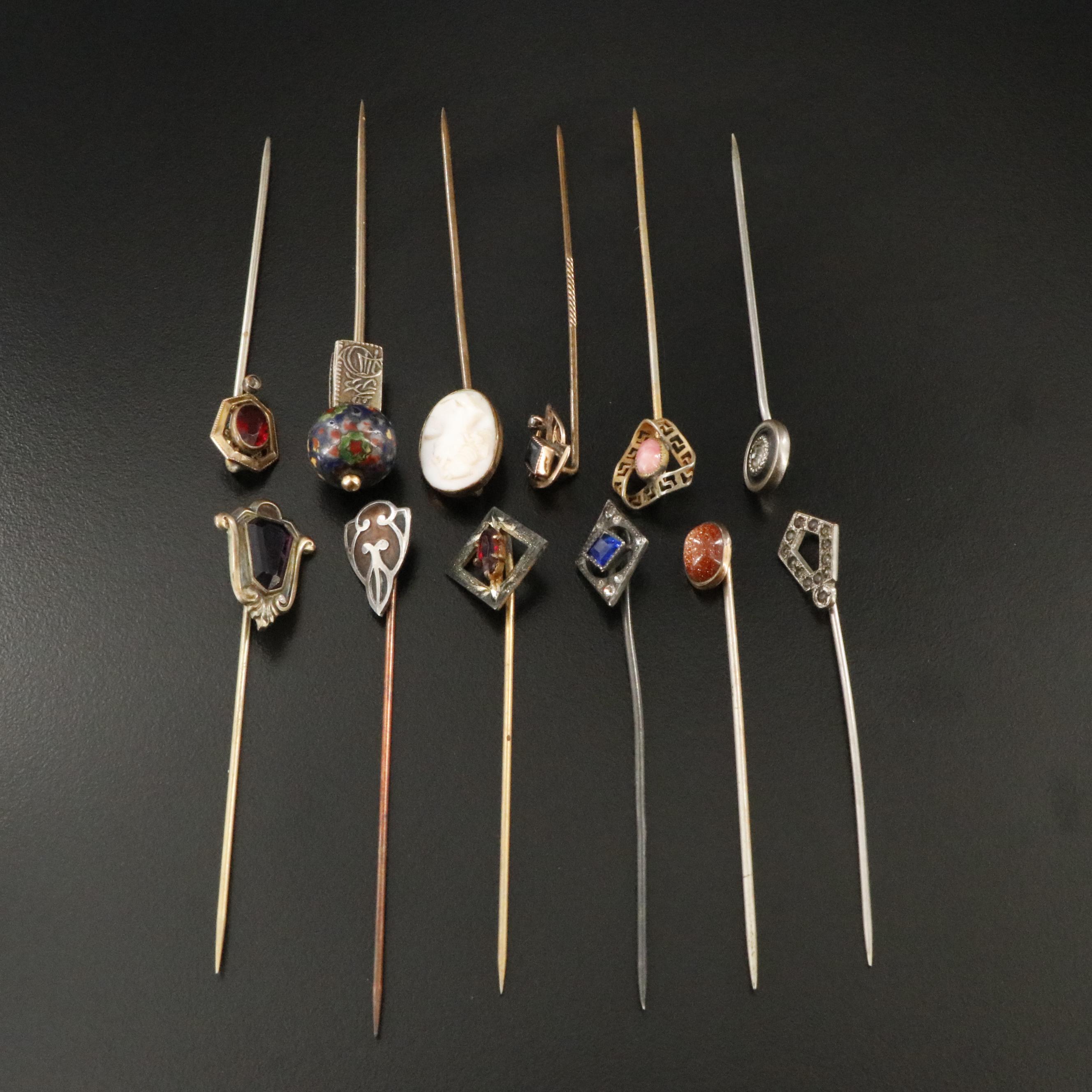 Collection of Antique Stickpins Including Cloisonné Bead with 14K Accent