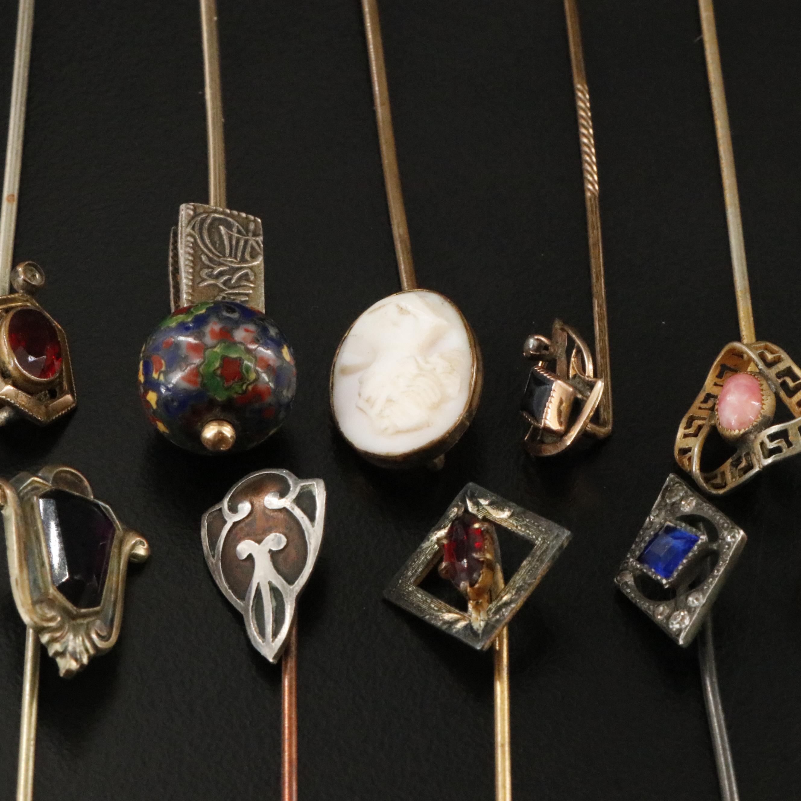 Collection of Antique Stickpins Including Cloisonné Bead with 14K Accent