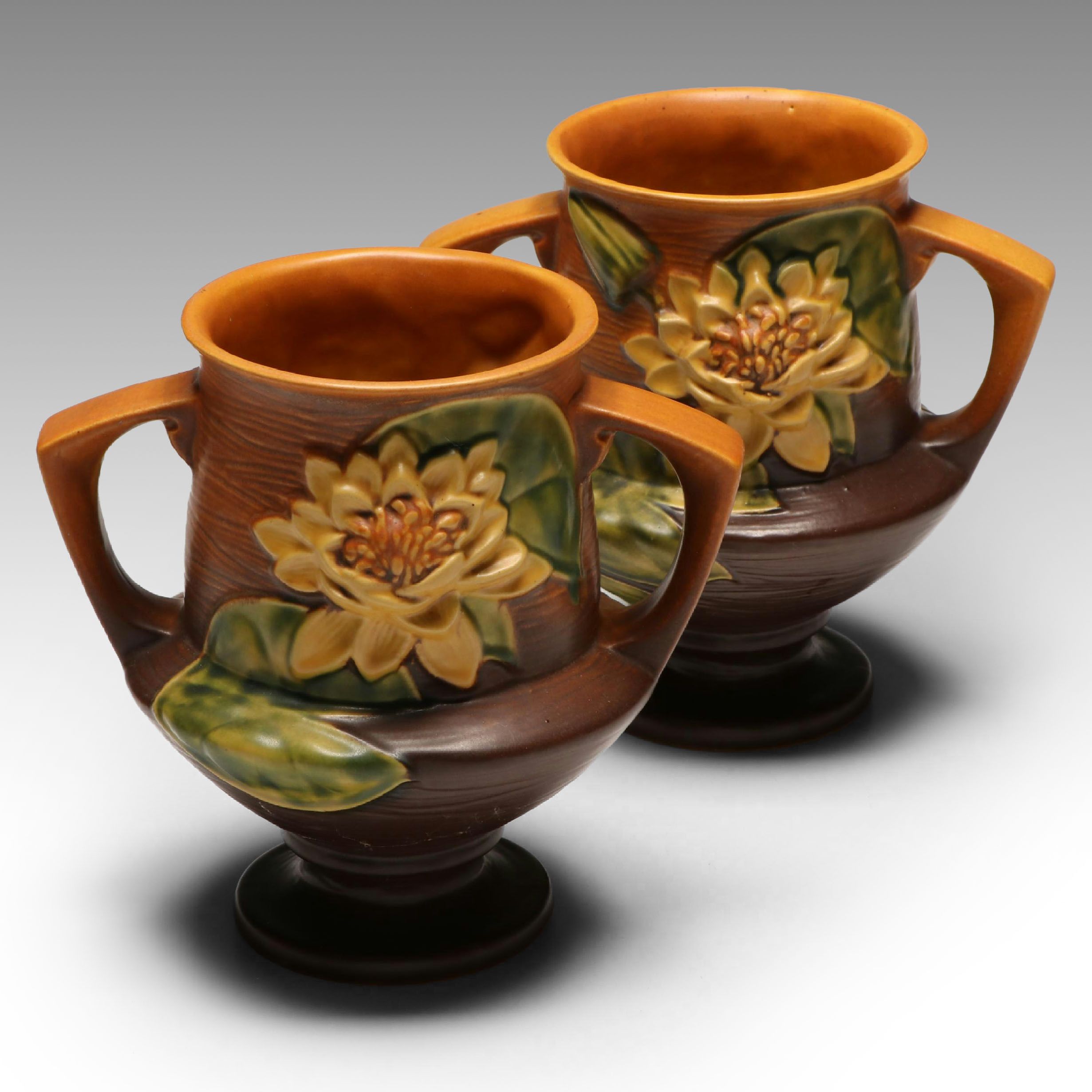 Roseville Pottery "Water Lily Autumn Brown" Handled Vase Pair