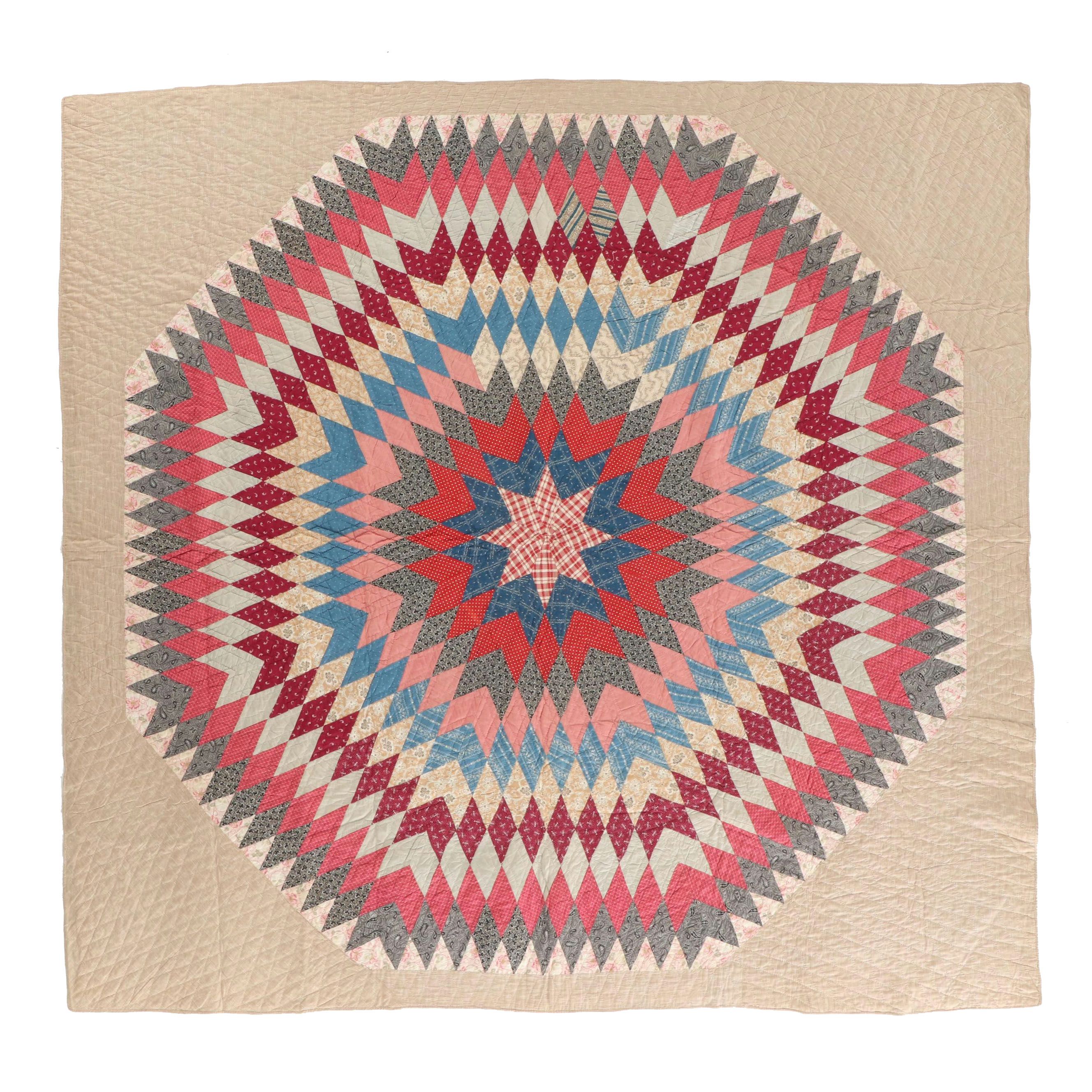Hand-Pieced "Bursting Star" Antique Calico Quilt, 1911