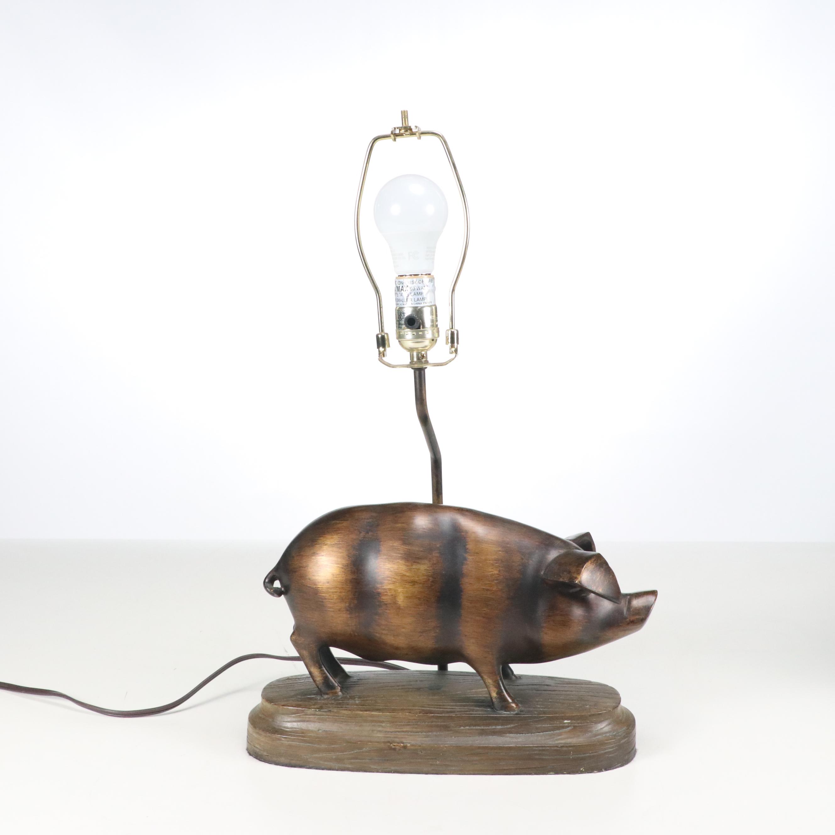 Bronze Finish Pig Resin Table Lamp with Fabric Shade