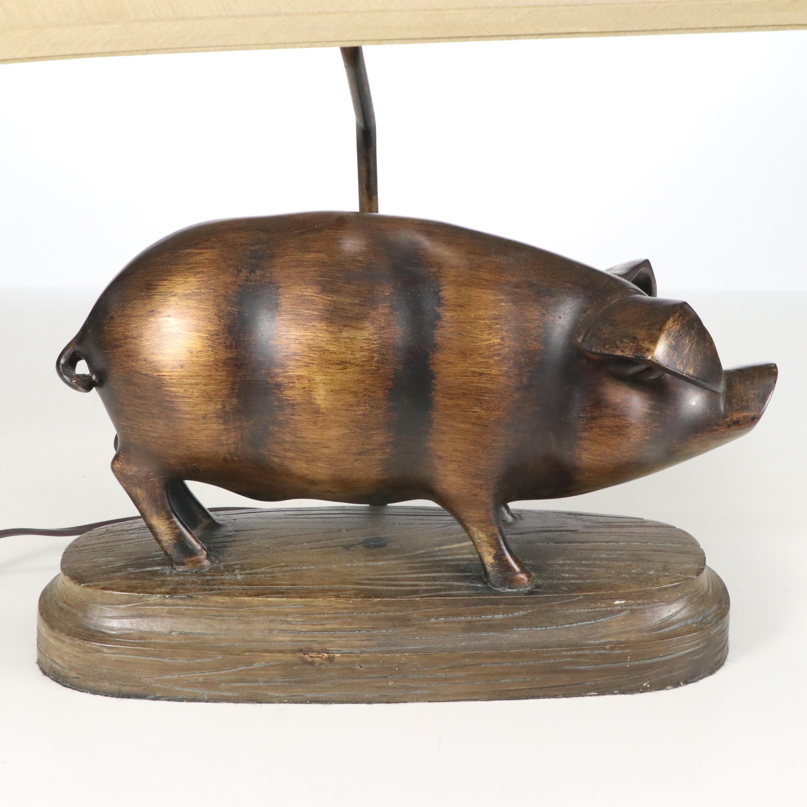 Bronze Finish Pig Resin Table Lamp with Fabric Shade