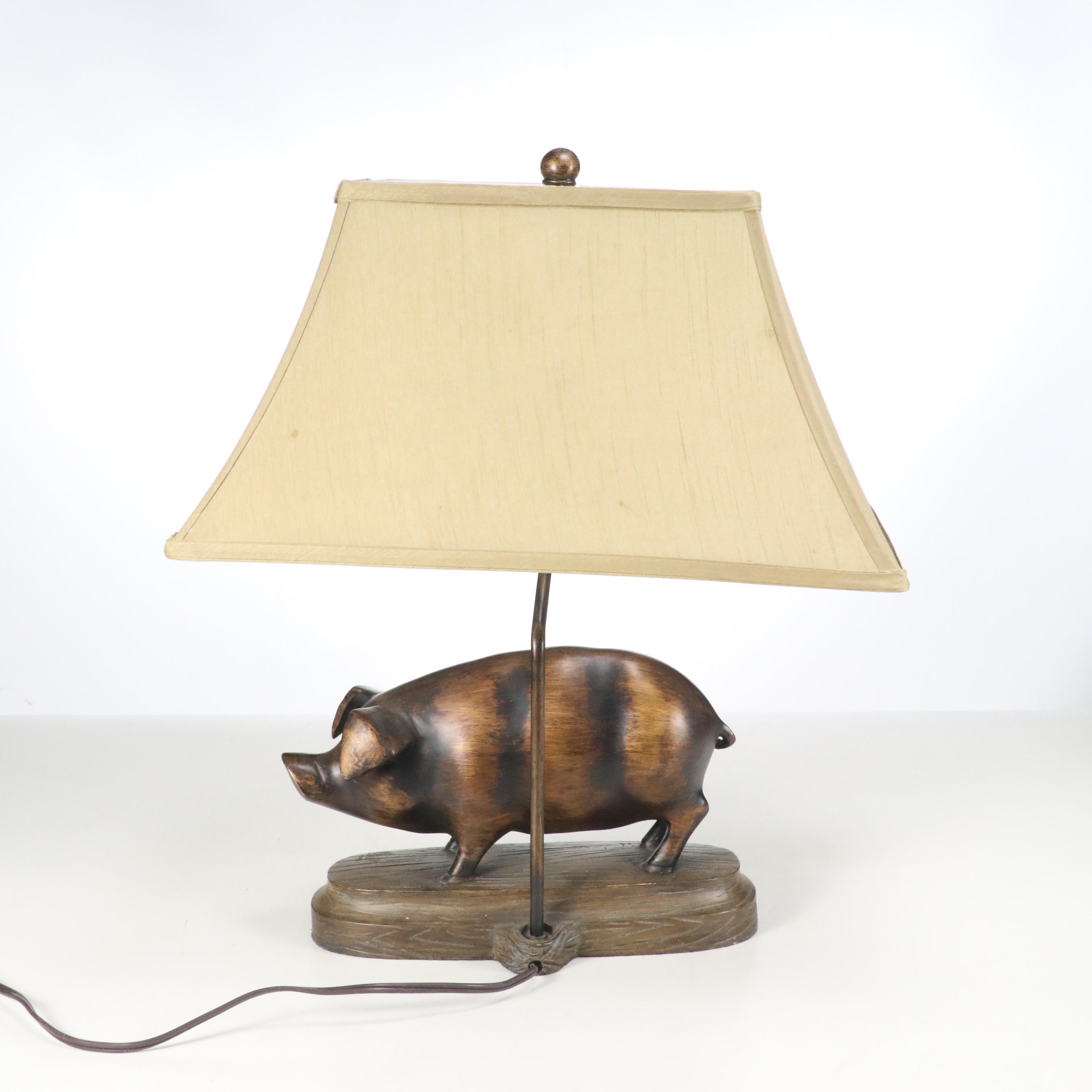 Bronze Finish Pig Resin Table Lamp with Fabric Shade