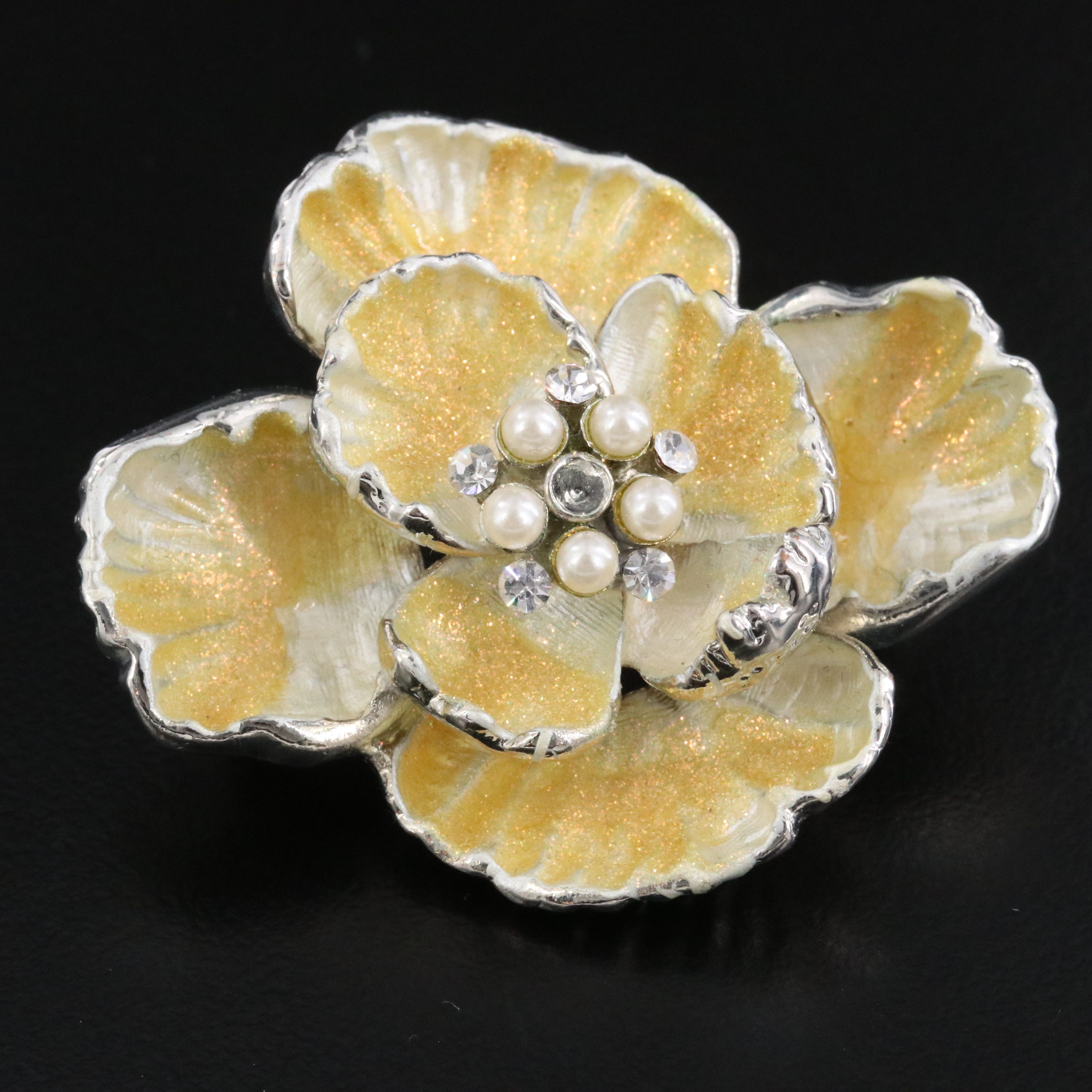 Enamel, Faux Pearl and Rhinestone Flower Brooch