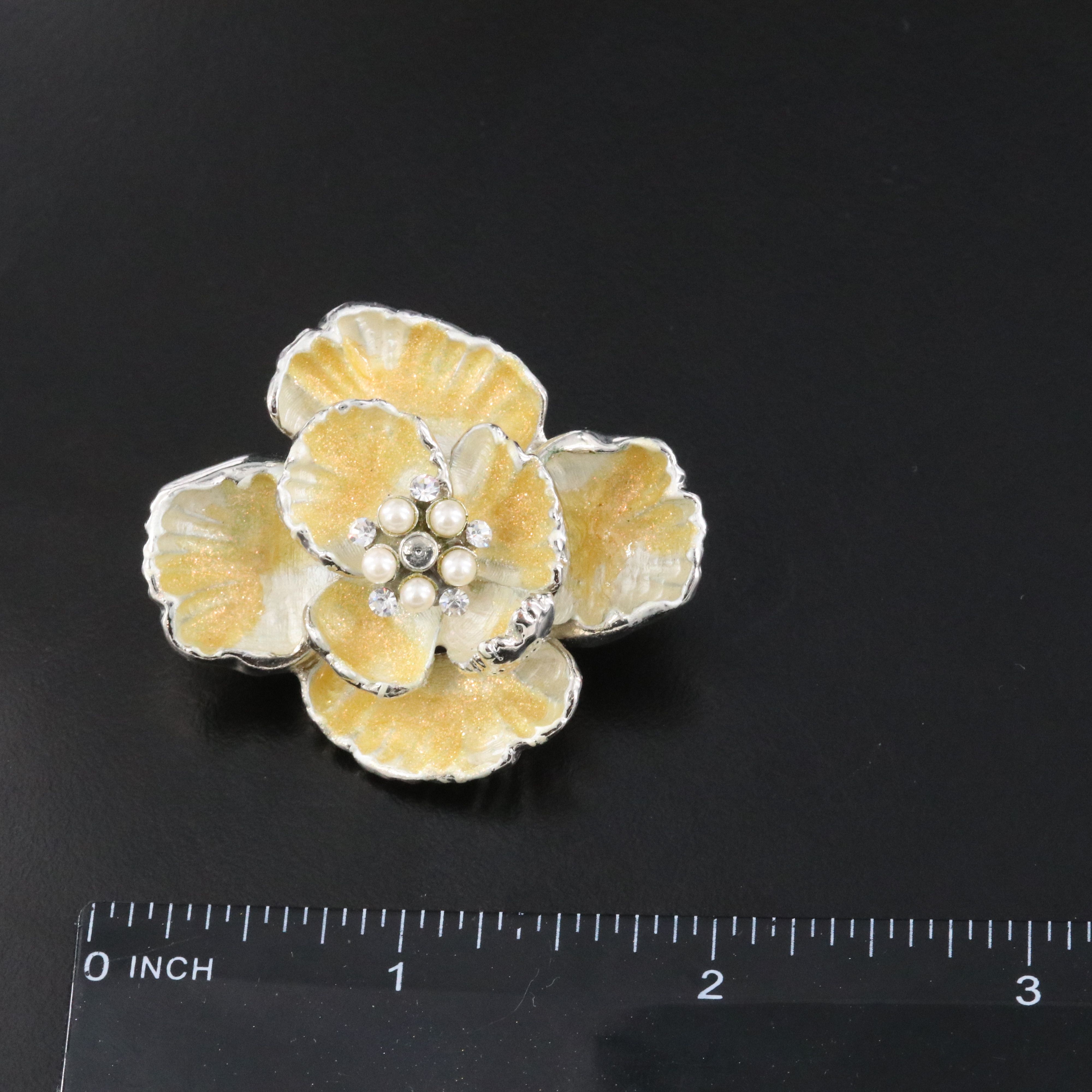 Enamel, Faux Pearl and Rhinestone Flower Brooch