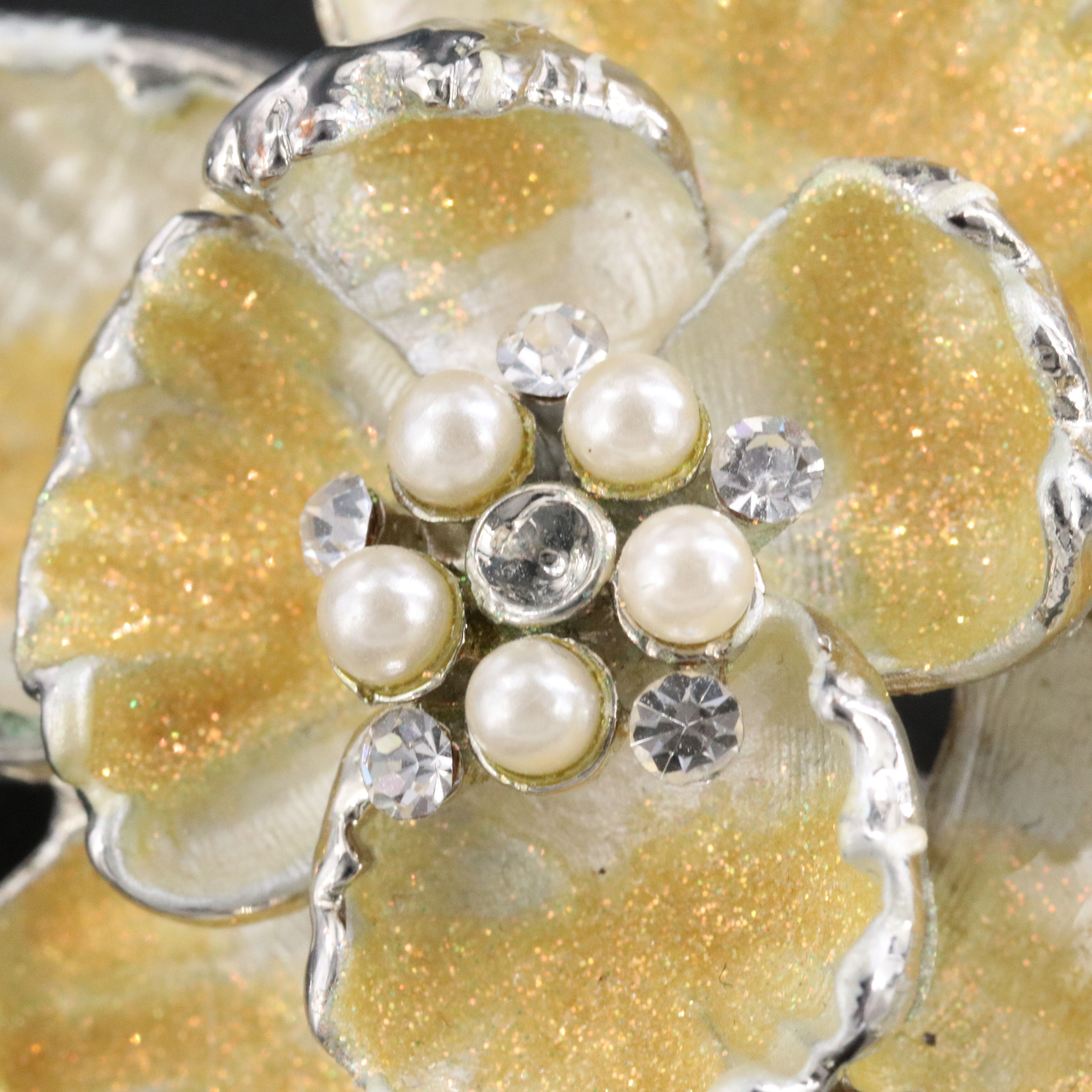 Enamel, Faux Pearl and Rhinestone Flower Brooch