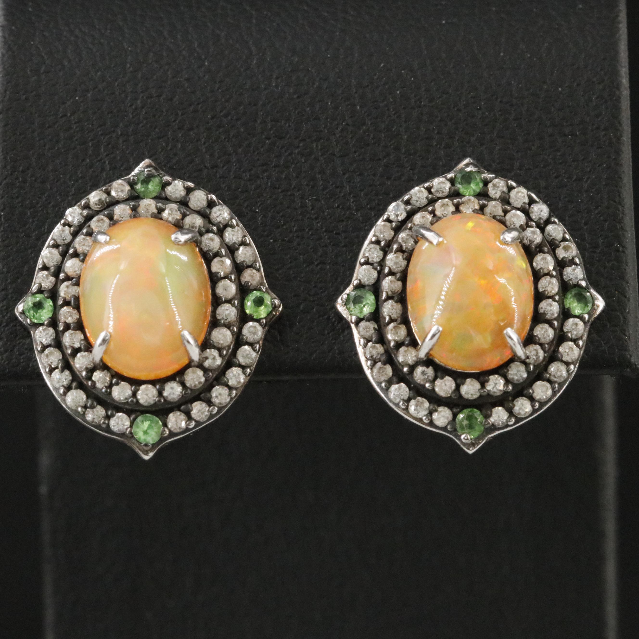 Sterling Opal, White Spinel and Peridot Halo Earrings