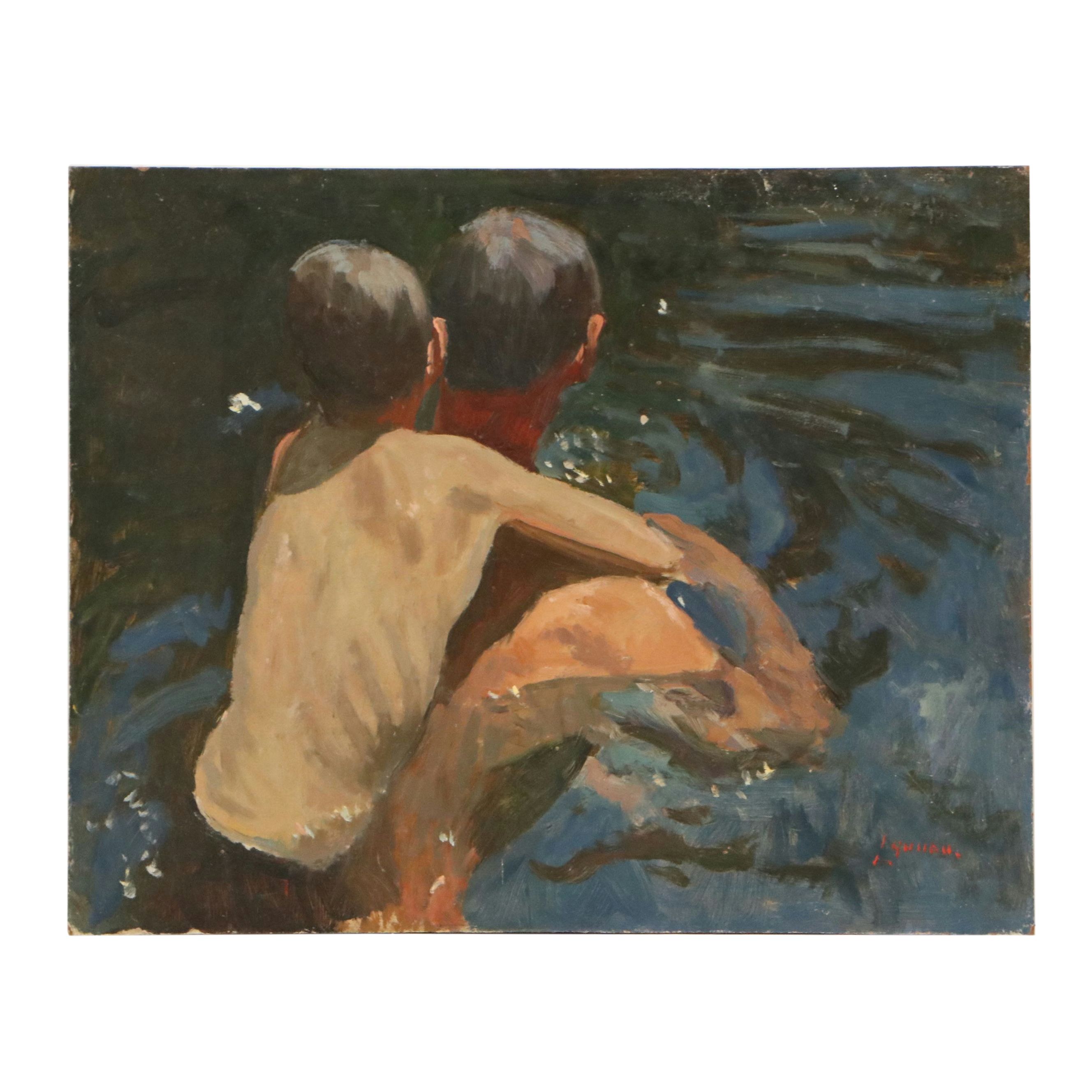 Bernard Lennon Oil Painting of Man and Boy Swimming, Mid to Late 20th Century