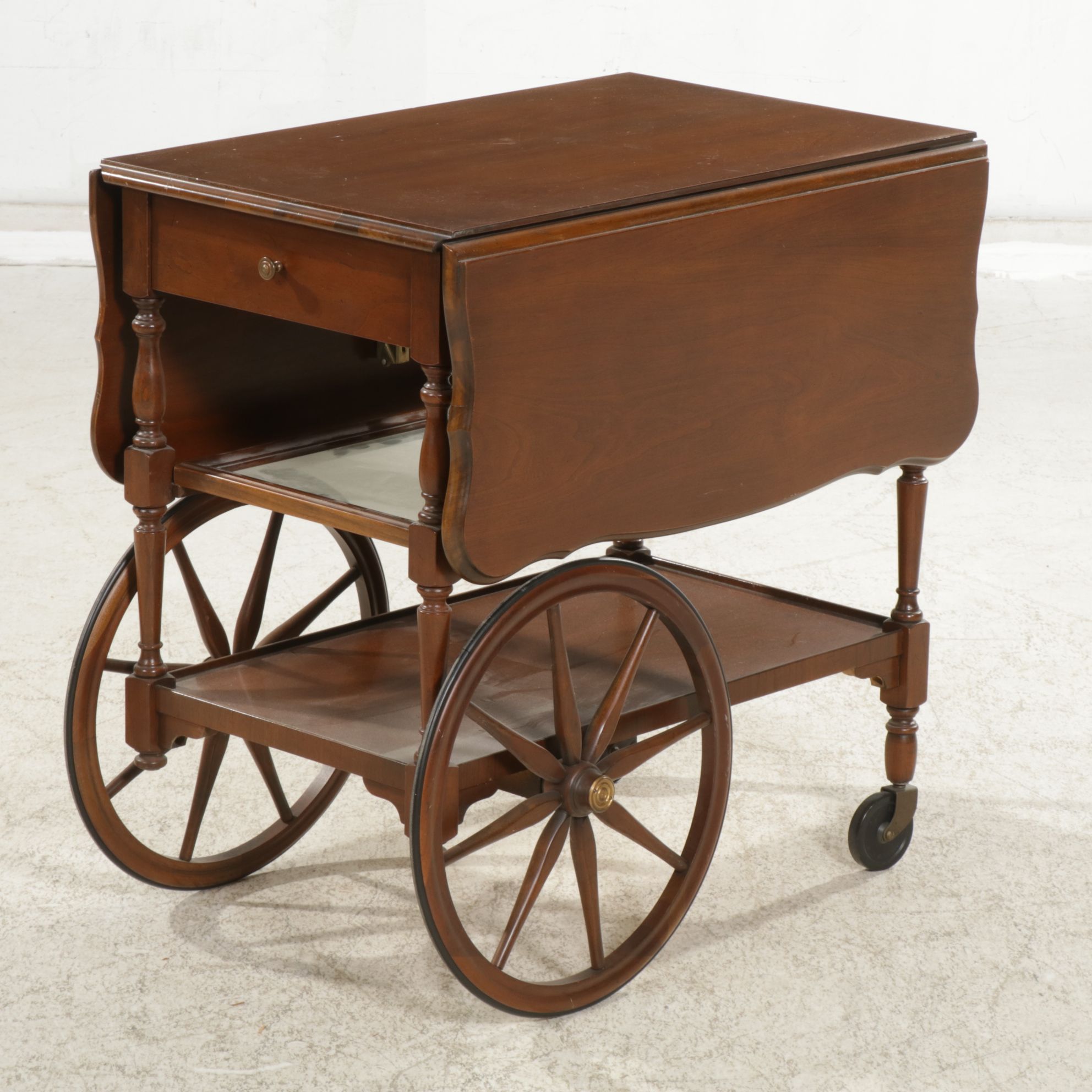 Imperial Furniture Cherry Drop-Leaf Tea Cart with Glass Slide-Out Tray