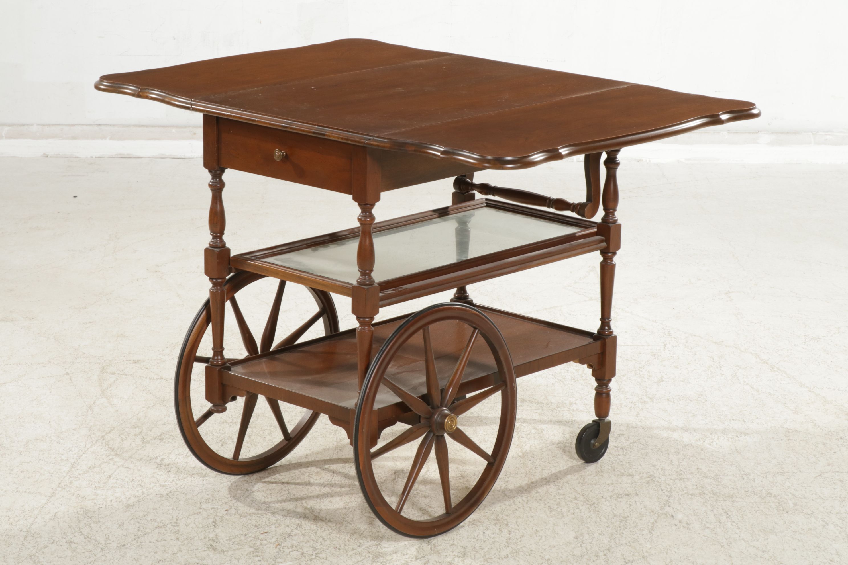 Imperial Furniture Cherry Drop-Leaf Tea Cart with Glass Slide-Out Tray