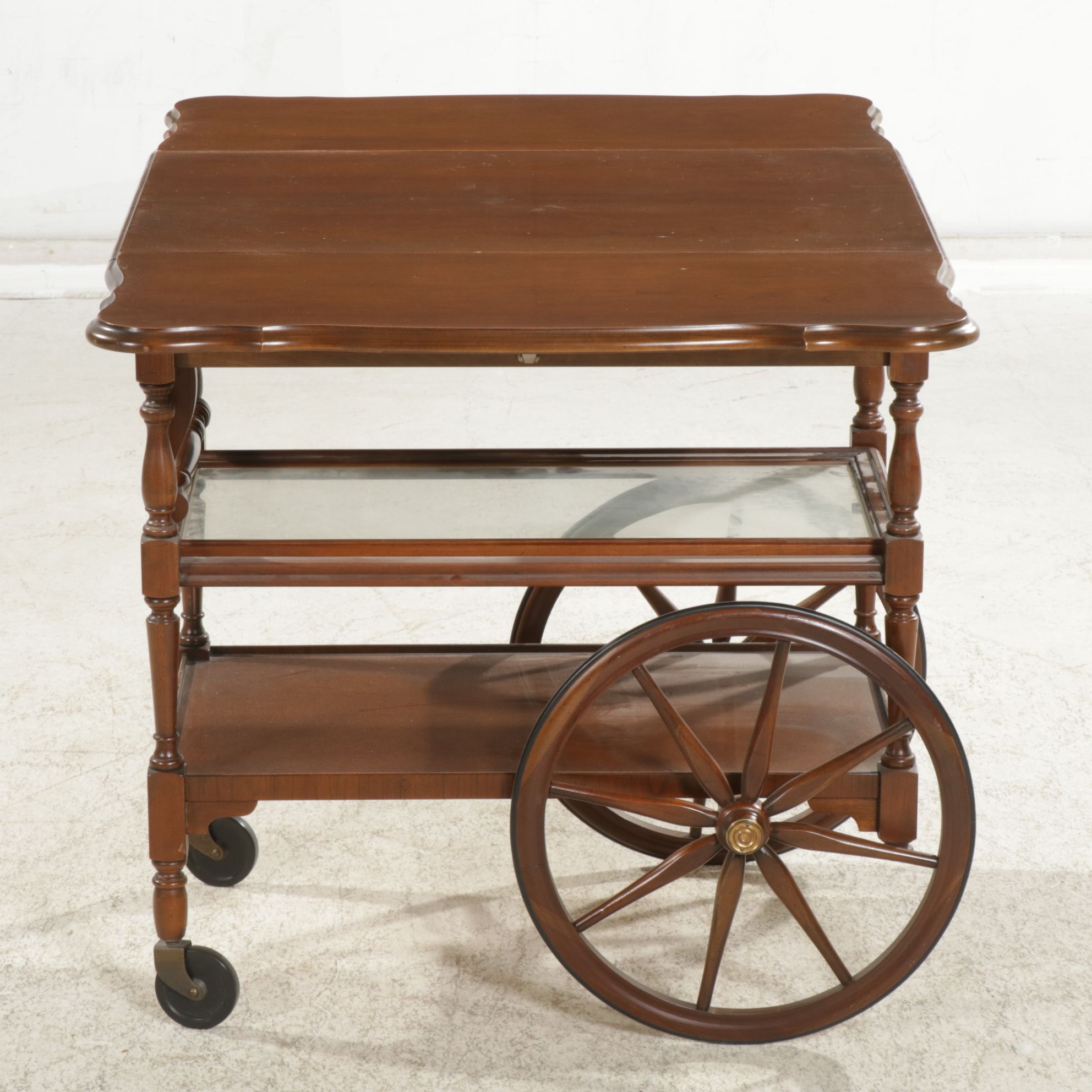 Imperial Furniture Cherry Drop-Leaf Tea Cart with Glass Slide-Out Tray