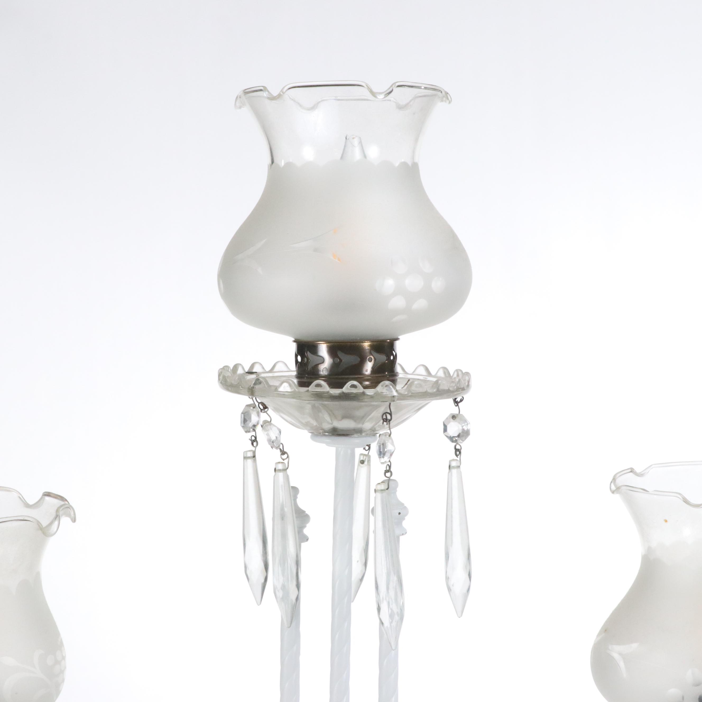 White Enamel Metal Candelabrum Lamp with Ruffled Glass Shades and Prisms