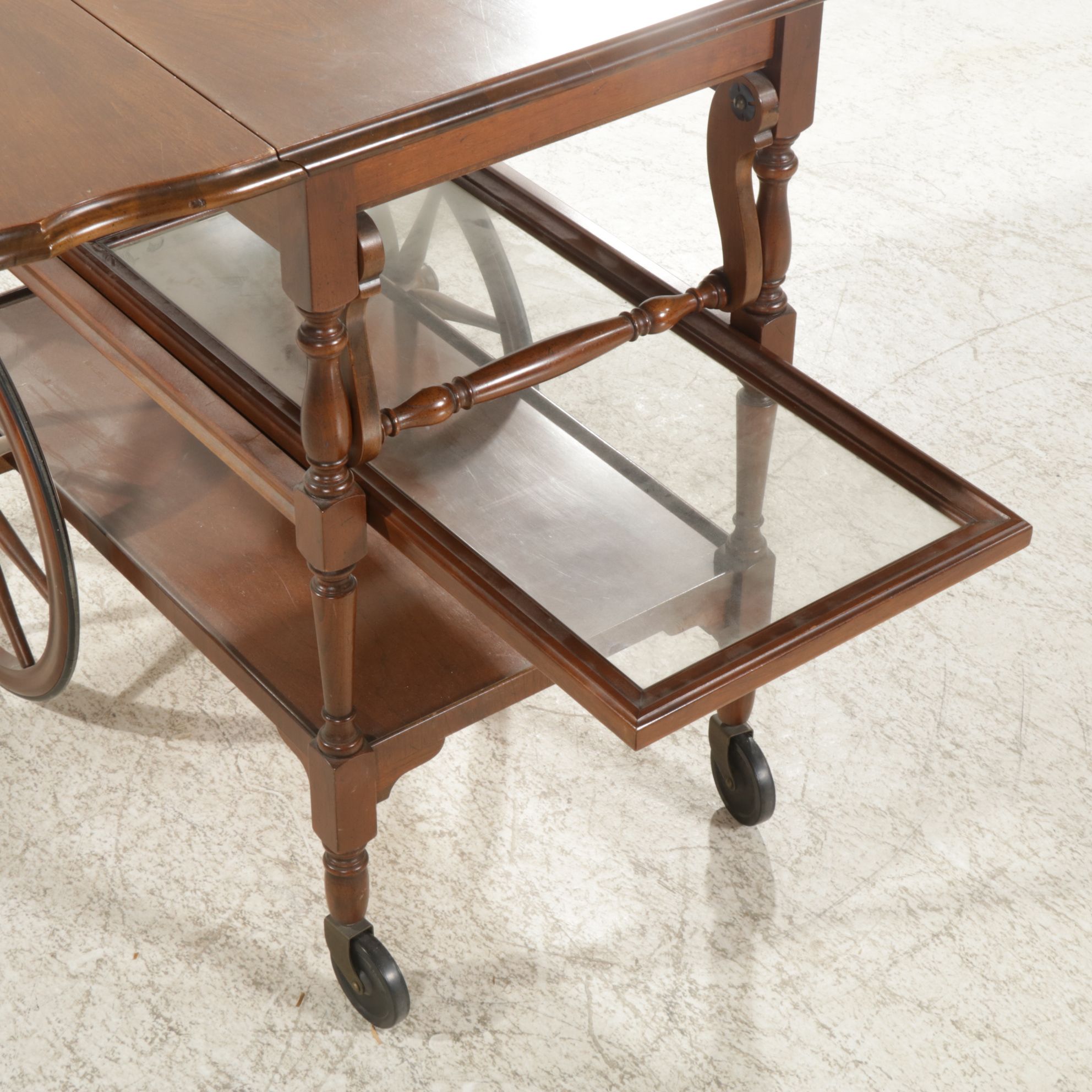 Imperial Furniture Cherry Drop-Leaf Tea Cart with Glass Slide-Out Tray