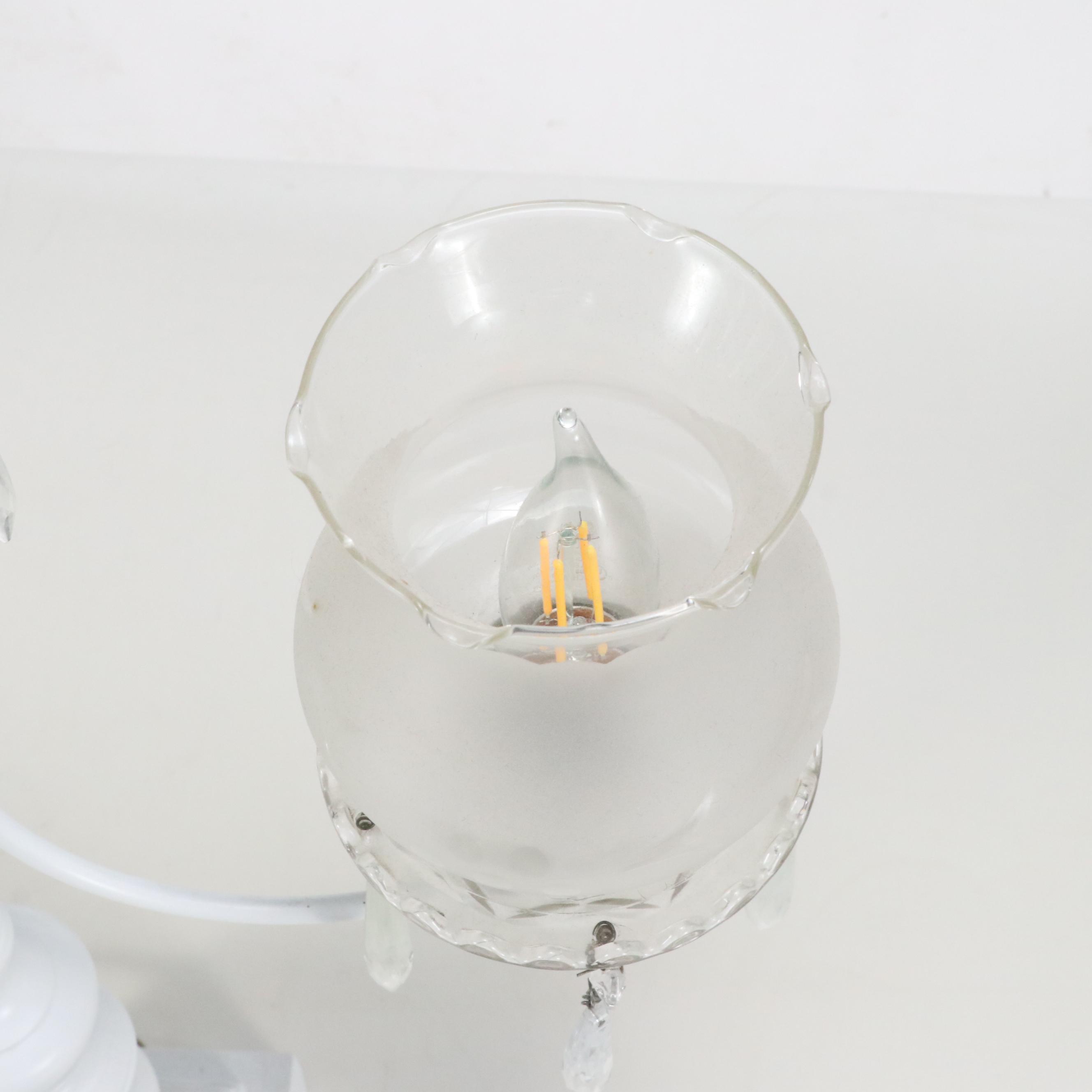 White Enamel Metal Candelabrum Lamp with Ruffled Glass Shades and Prisms