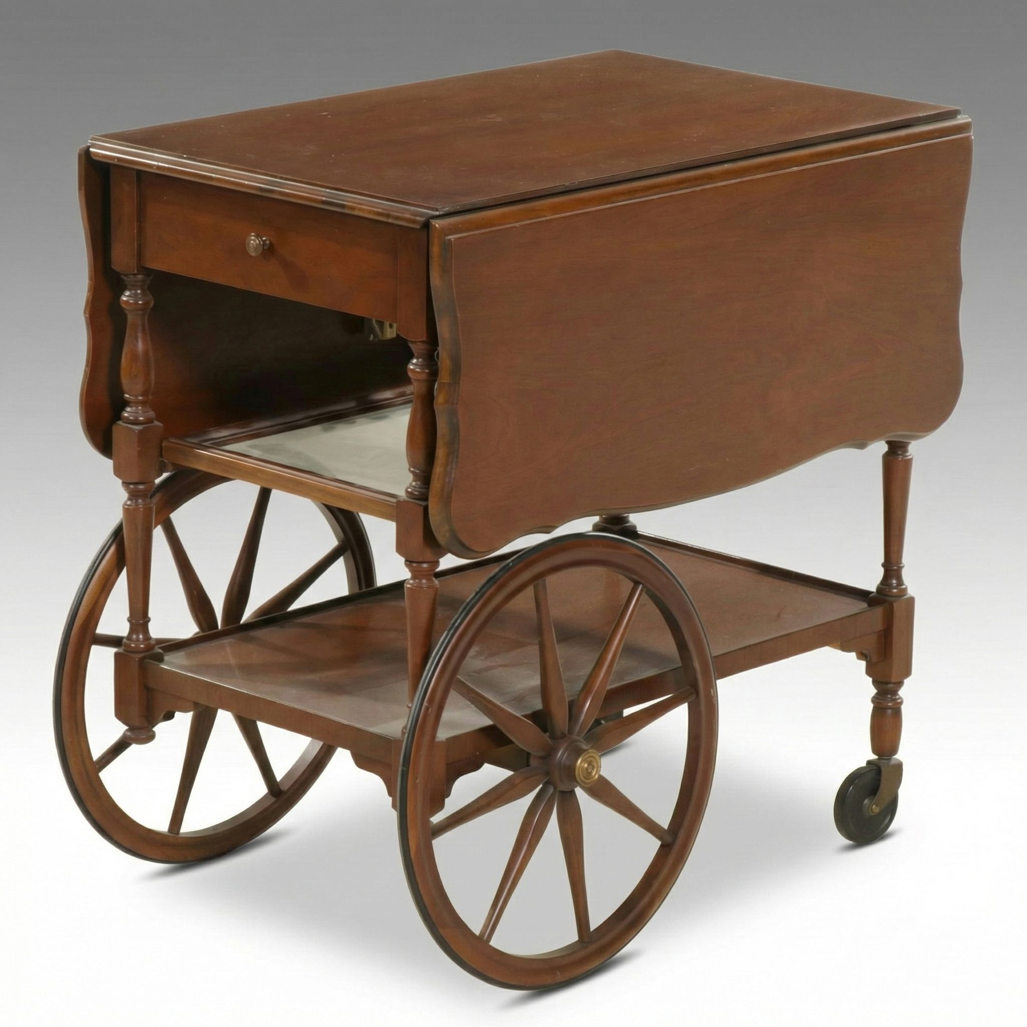 Imperial Furniture Cherry Drop-Leaf Tea Cart with Glass Slide-Out Tray