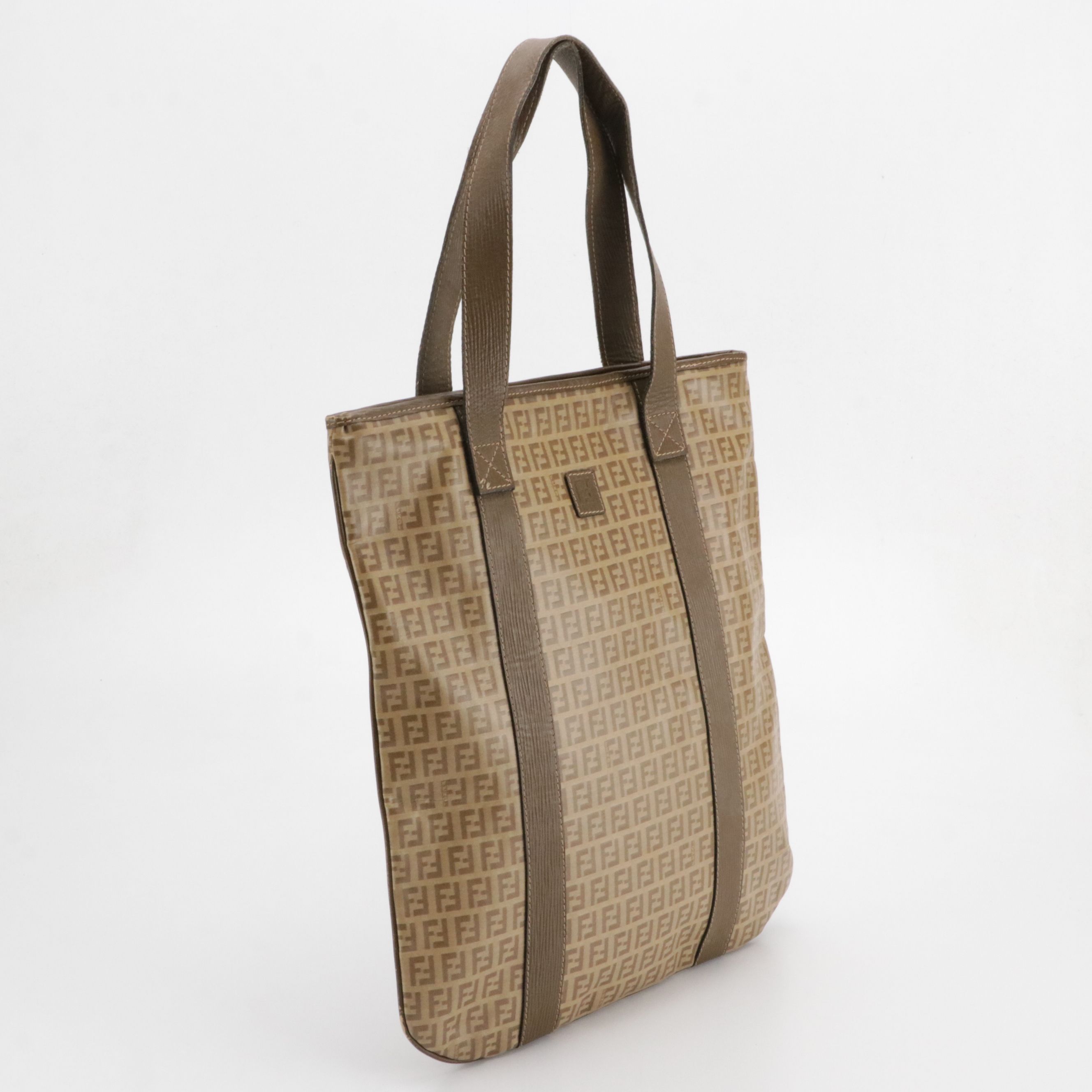Fendi Vertical Zip Tote in Brown Zucchino Canvas and Leather Trim