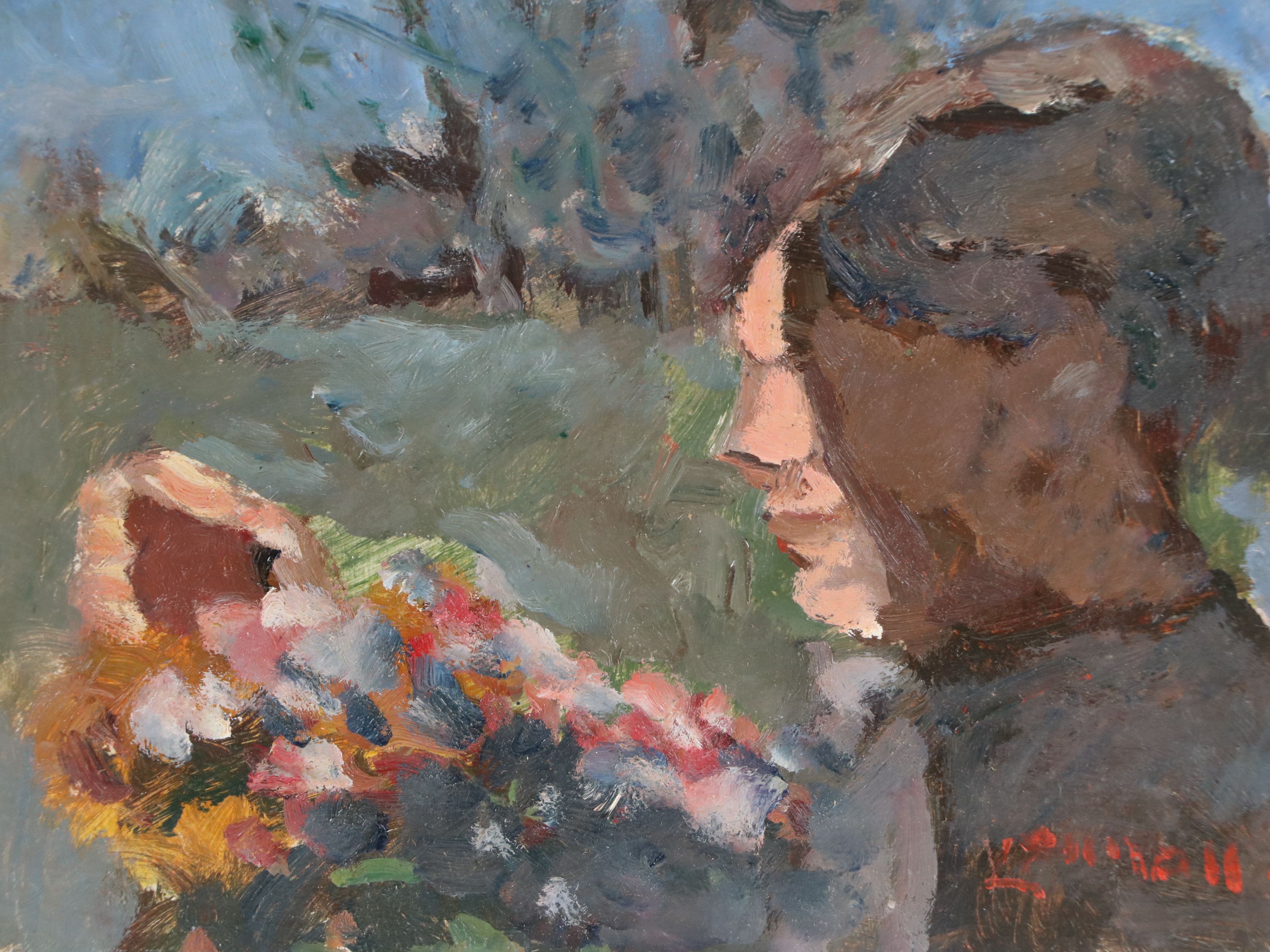 Bernard Lennon Oil Painting of Profile Portrait and Flowers