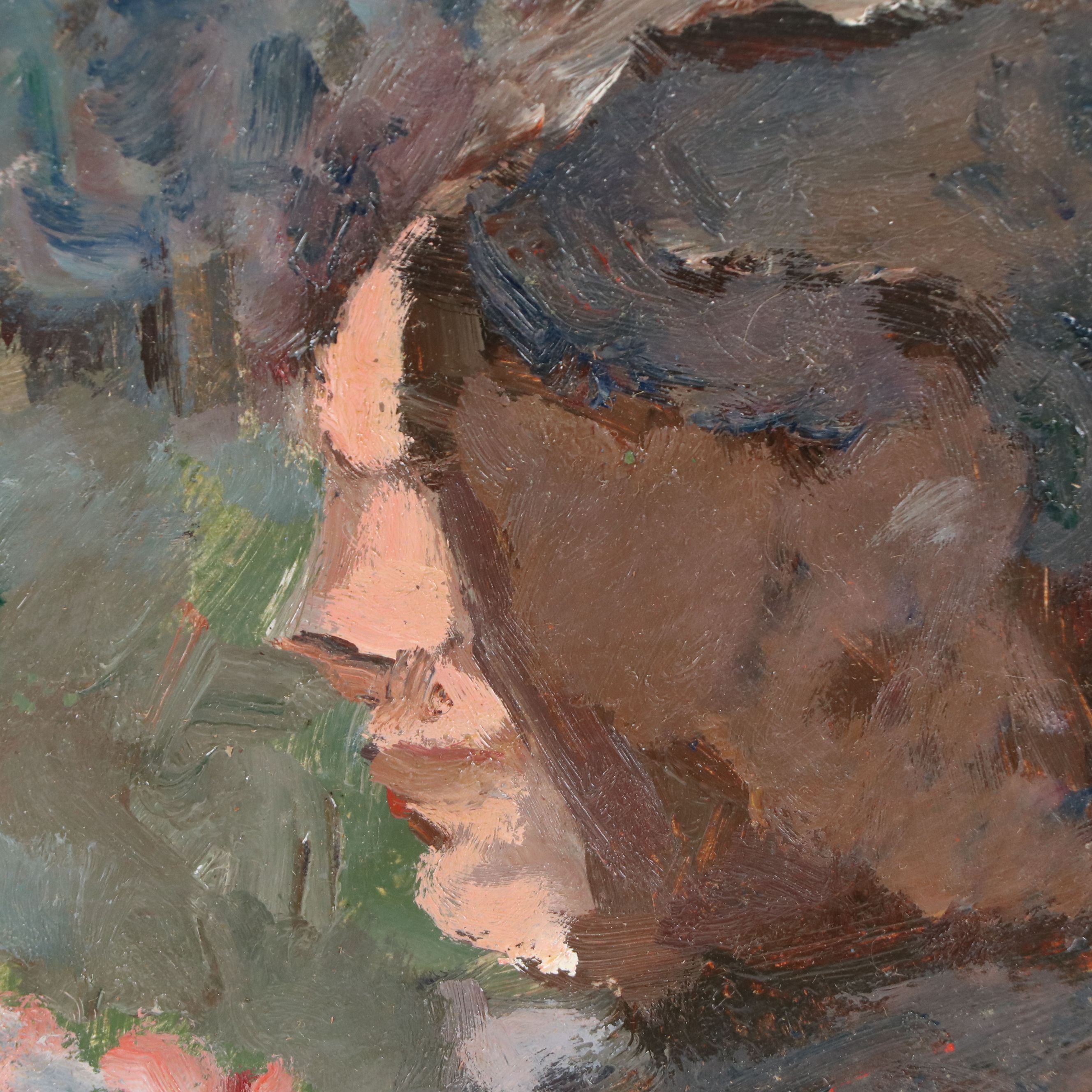 Bernard Lennon Oil Painting of Profile Portrait and Flowers