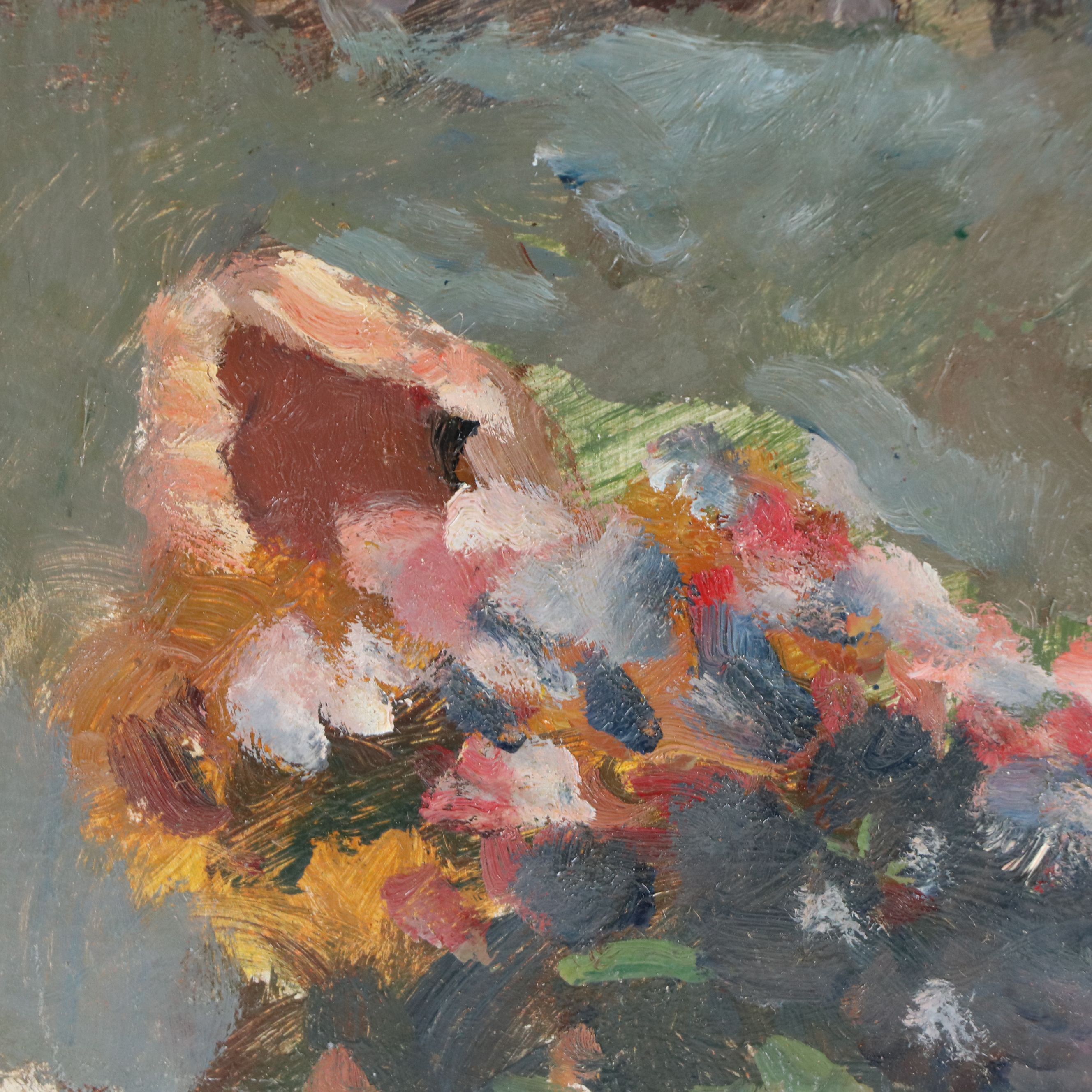 Bernard Lennon Oil Painting of Profile Portrait and Flowers