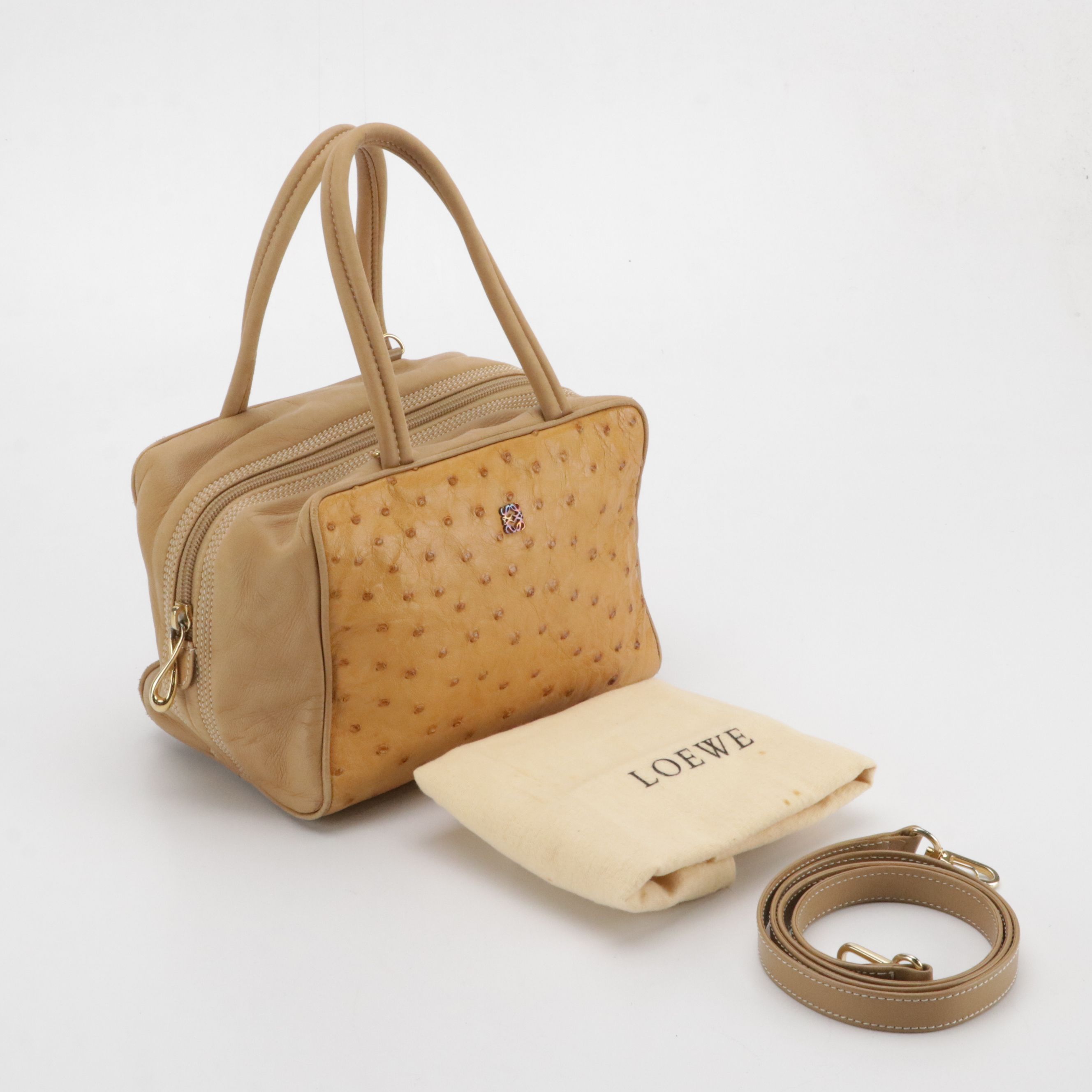 Loewe Mini Zip-Around Boston Bag in Beige Lambskin and Ostrich Leather