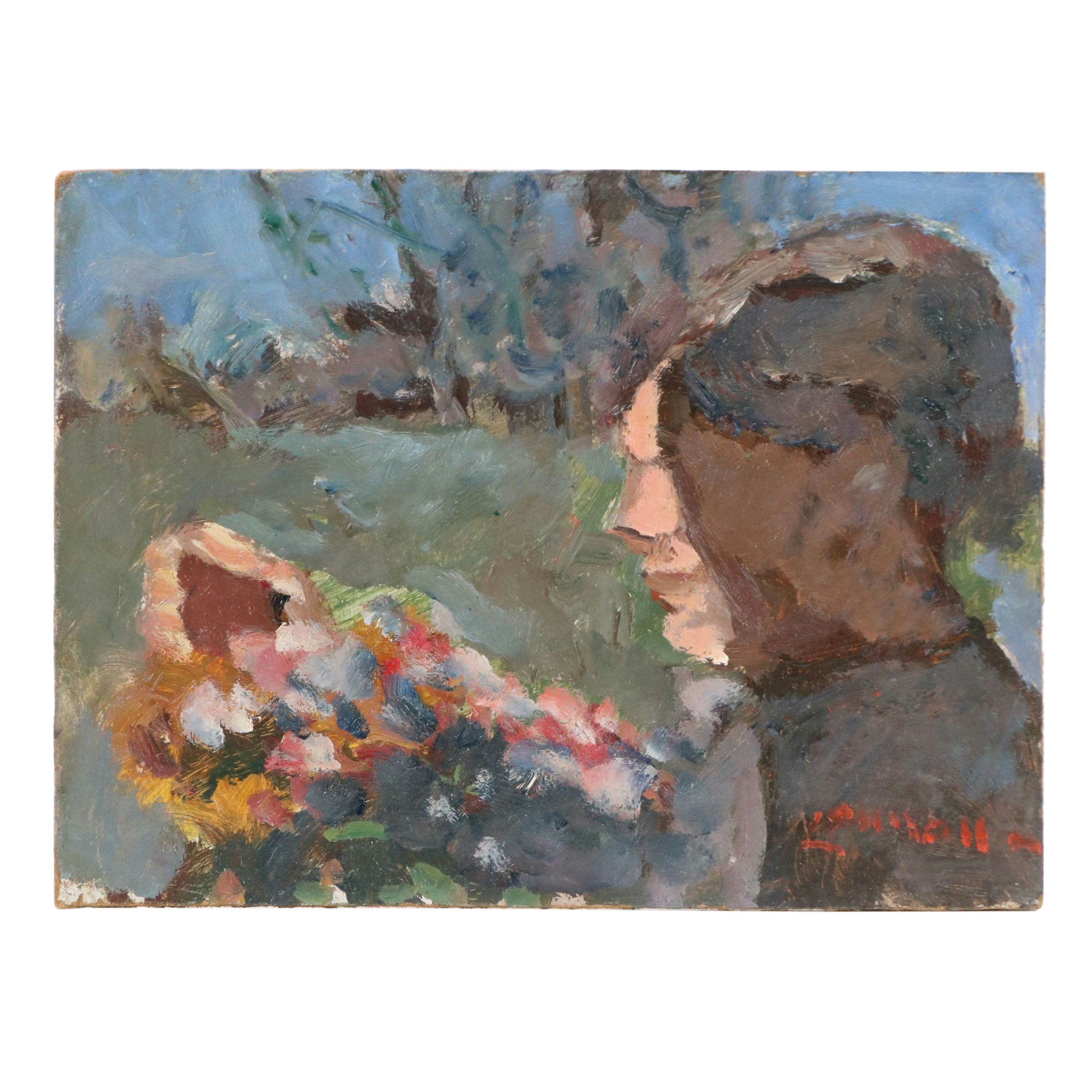 Bernard Lennon Oil Painting of Profile Portrait and Flowers