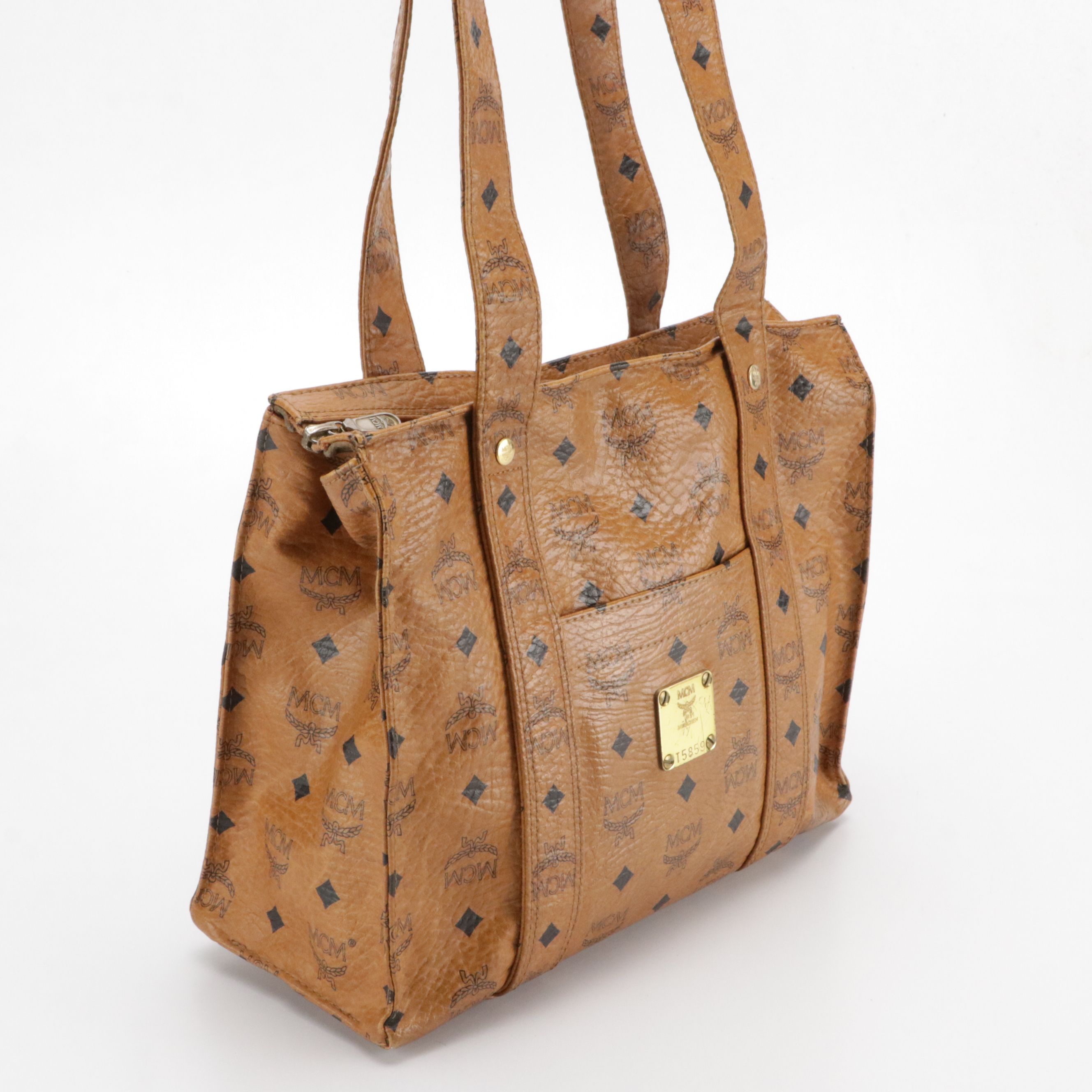 MCM Long Handle Shoulder Bag in Cognac Visetos Monogrammed Canvas