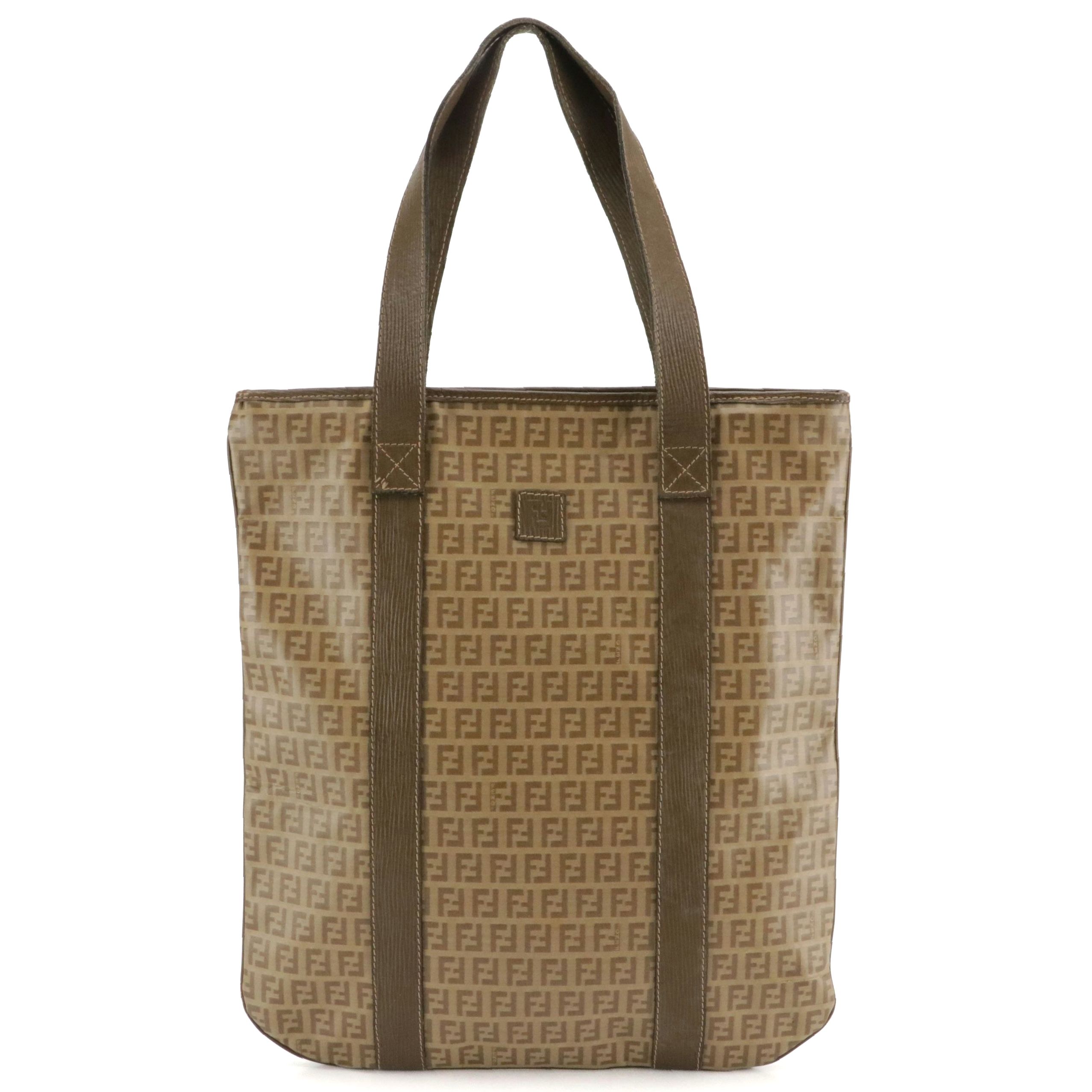 Fendi Vertical Zip Tote in Brown Zucchino Canvas and Leather Trim
