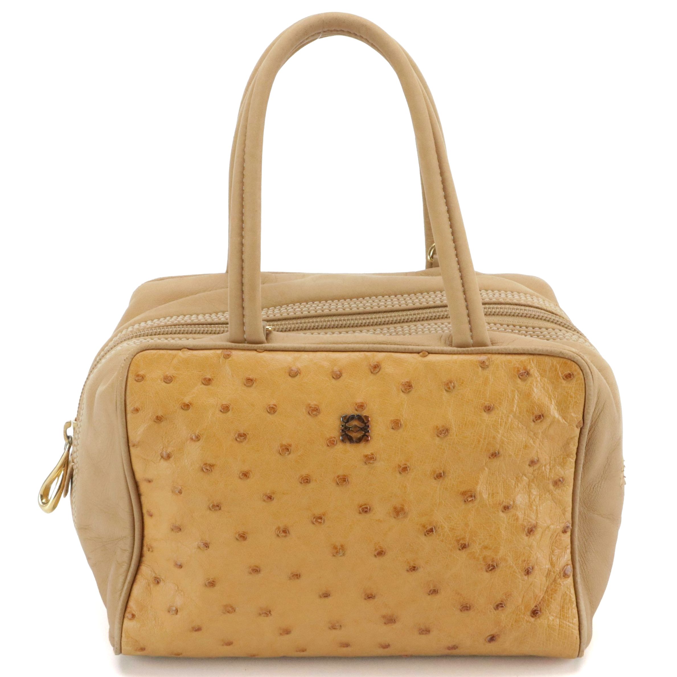 Loewe Mini Zip-Around Boston Bag in Beige Lambskin and Ostrich Leather