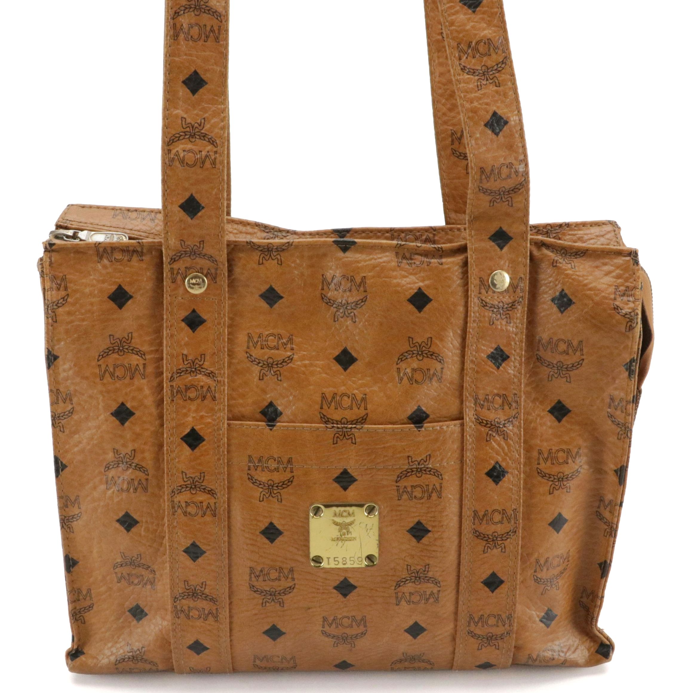 MCM Long Handle Shoulder Bag in Cognac Visetos Monogrammed Canvas