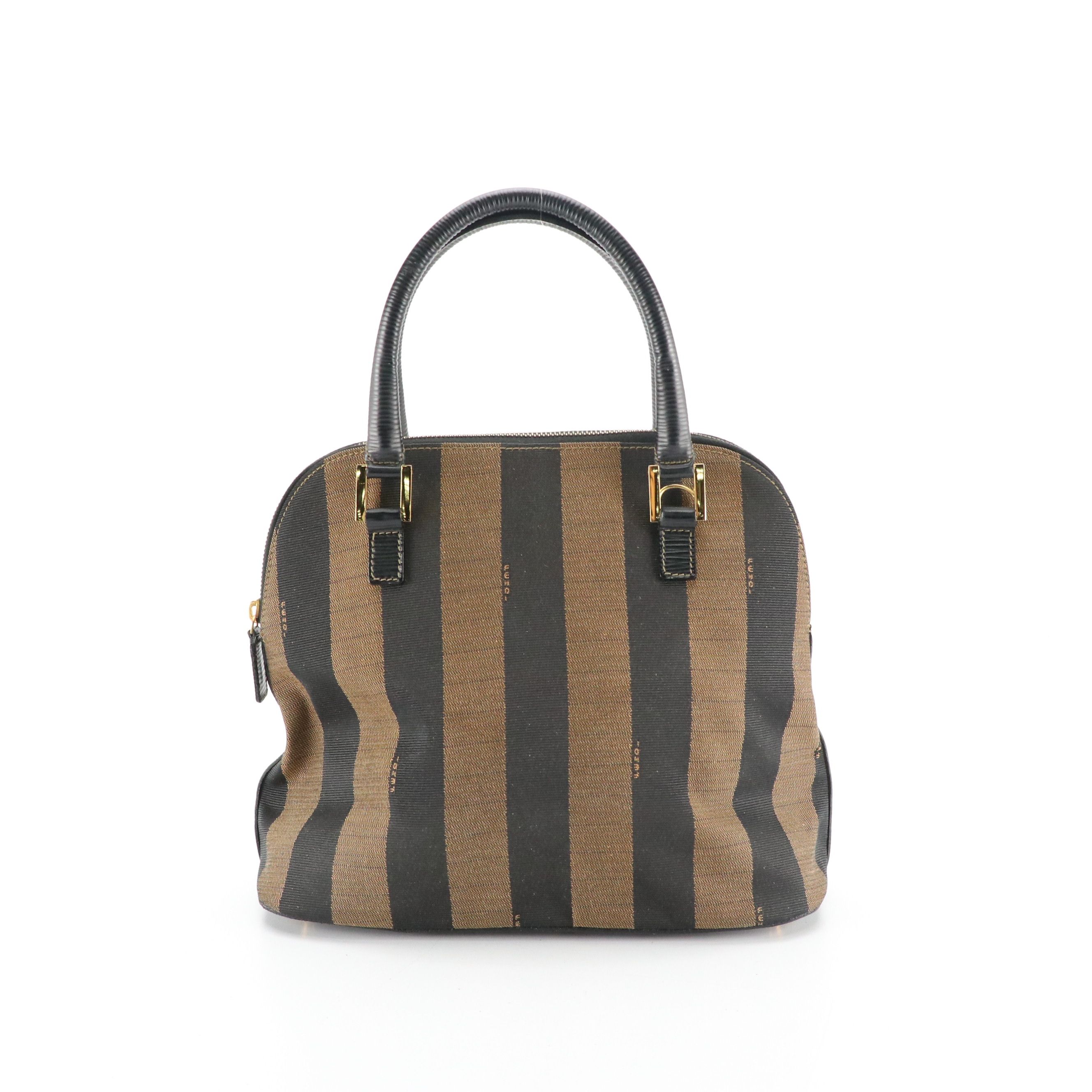 Fendi Pequin Canvas Satchel Bag with Leather Trim