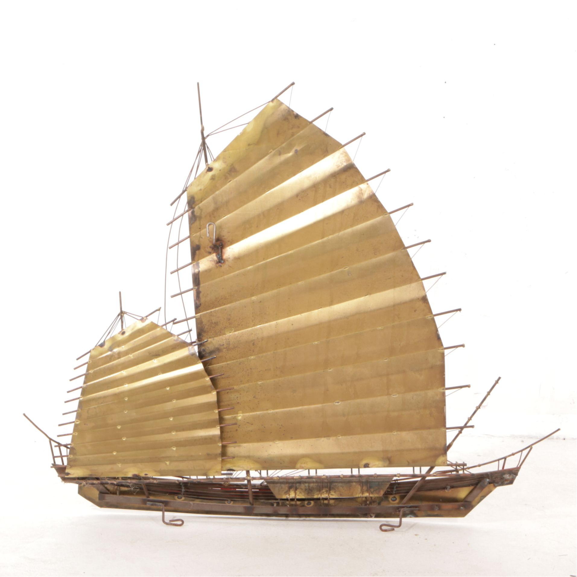 Curtis Jere Mid Century Signed Brass Asian Fishing Boat Wall Sculpture