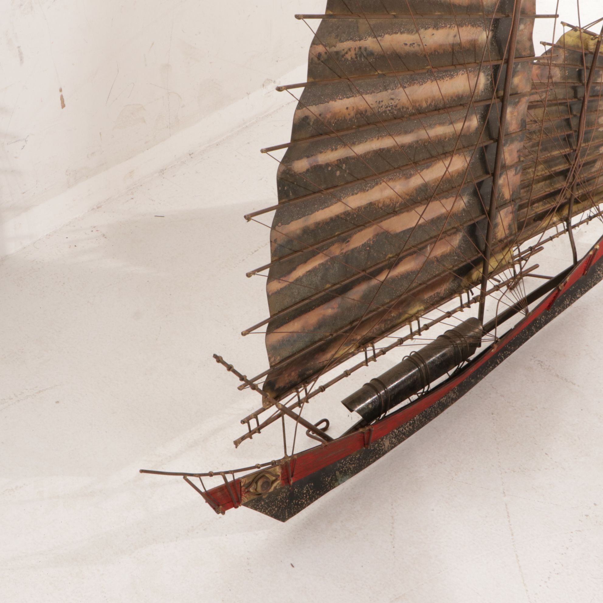 Curtis Jere Mid Century Signed Brass Asian Fishing Boat Wall Sculpture