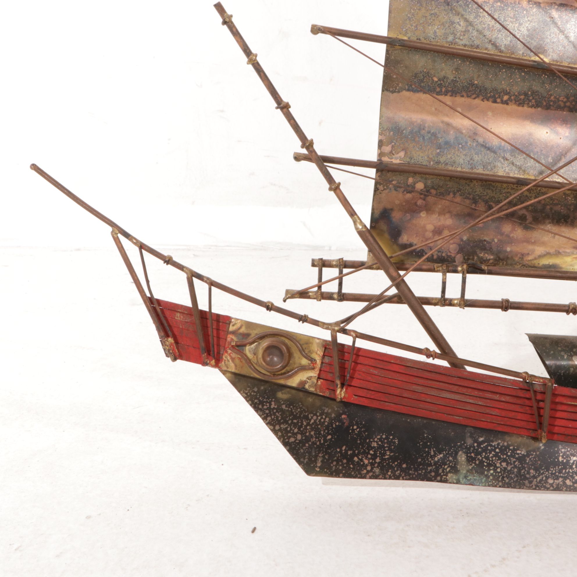 Curtis Jere Mid Century Signed Brass Asian Fishing Boat Wall Sculpture