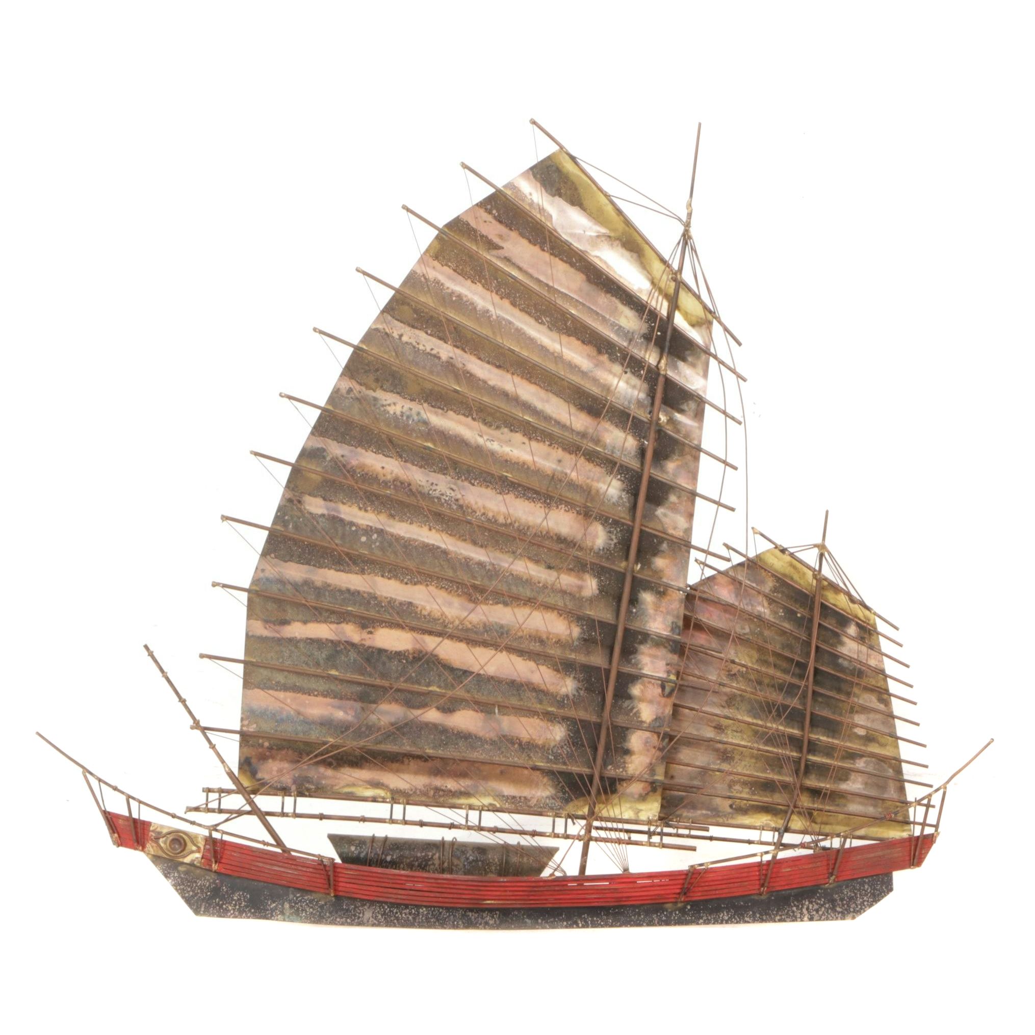 Curtis Jere Mid Century Signed Brass Asian Fishing Boat Wall Sculpture