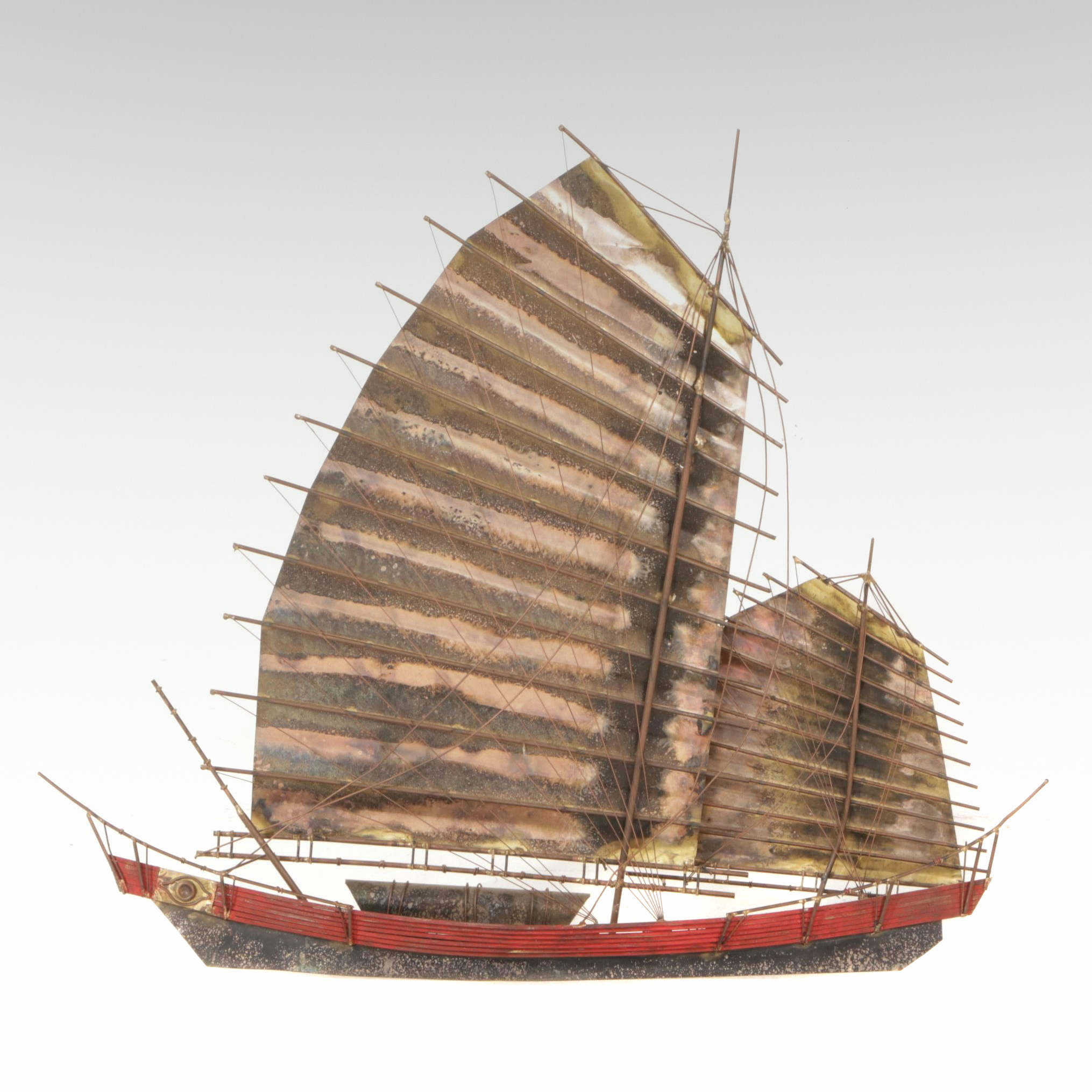 Curtis Jere Mid Century Signed Brass Asian Fishing Boat Wall Sculpture