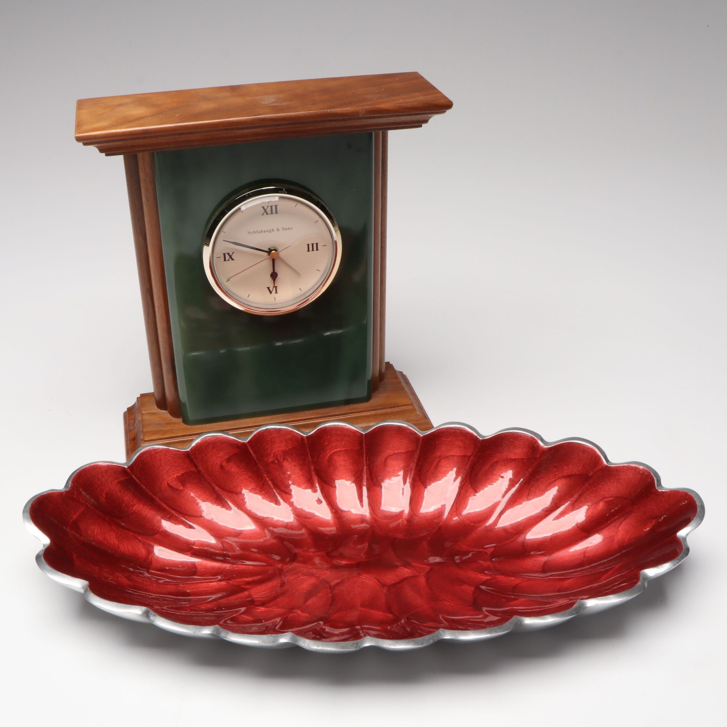Julia Knight Enamelled Bowl with Schlabaugh & Sons Wooden Mantel Clock