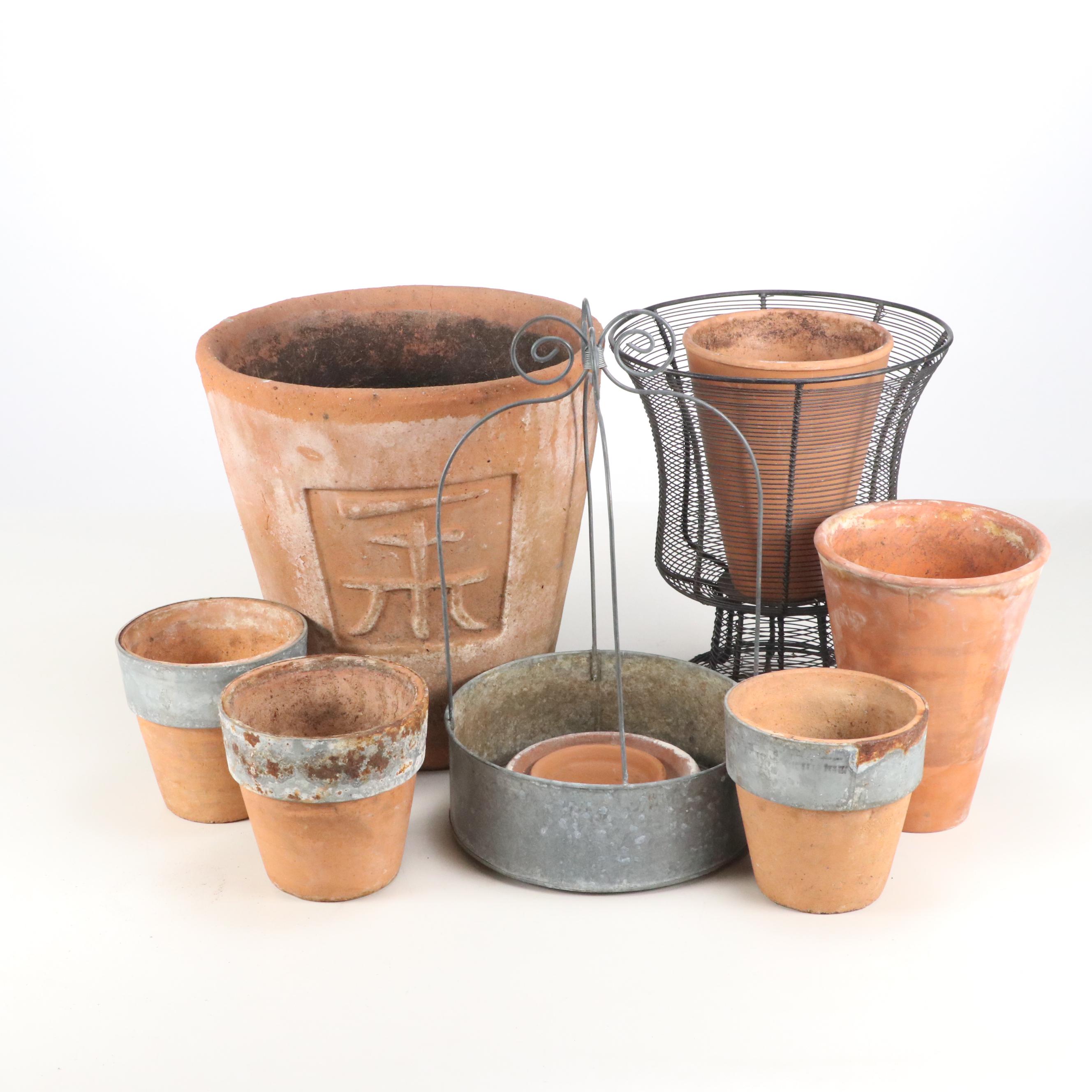 Terracotta Flower Pot with Bent Metal Garden Baskets