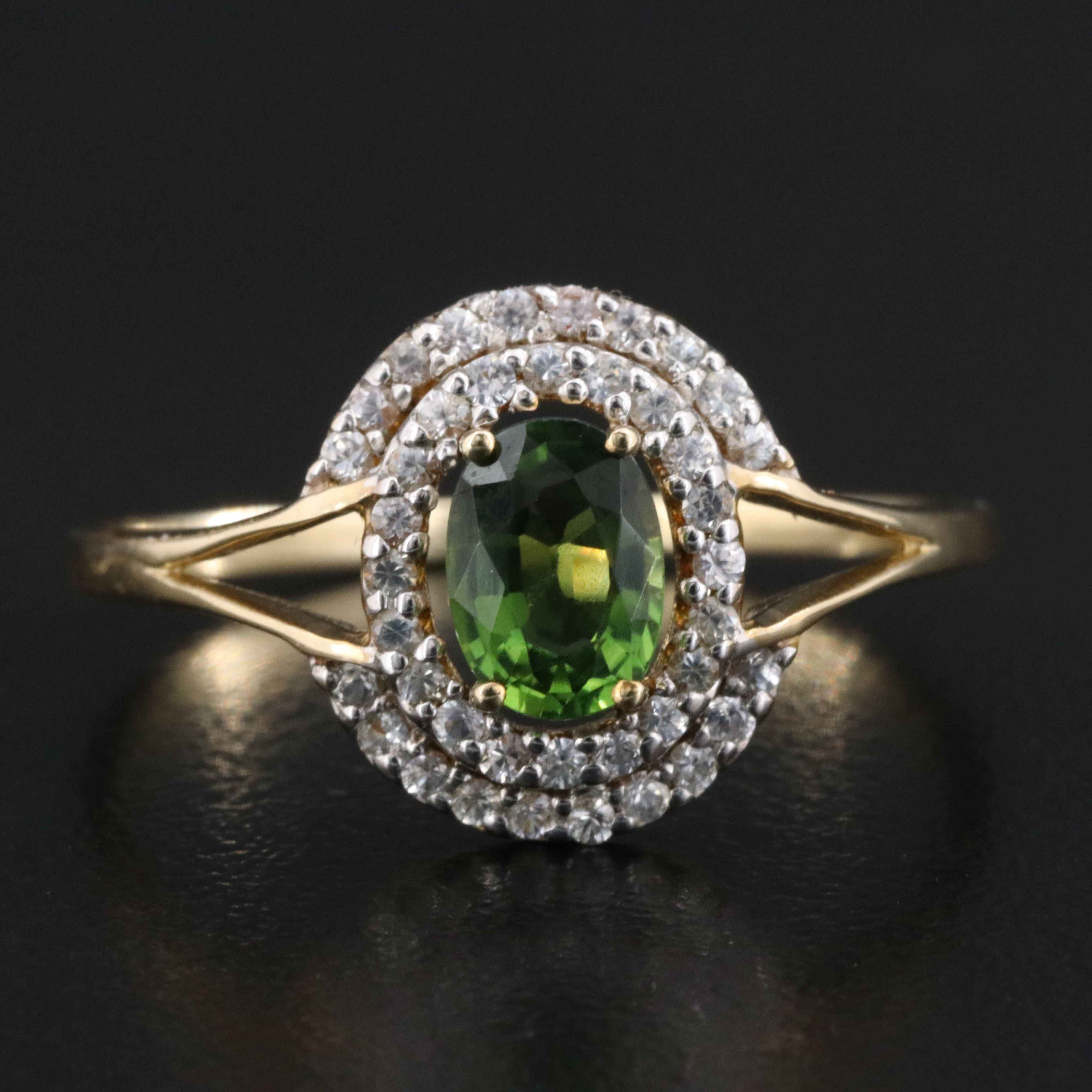 9K Peridot and White Sapphire Halo Ring